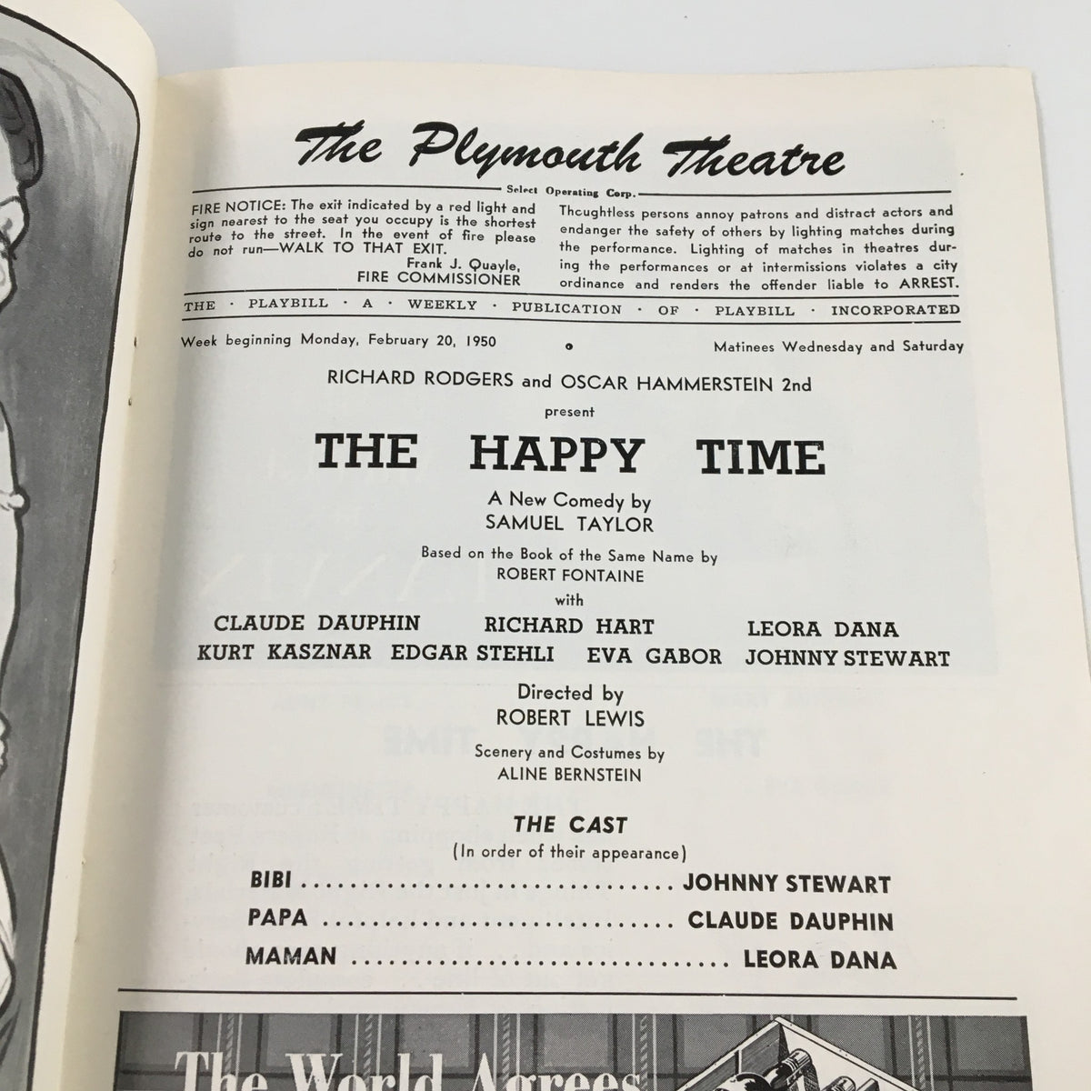 Interior page of the 1950 Playbill for The Happy Time showcasing cast names and production details, directed by Robert Lewis.