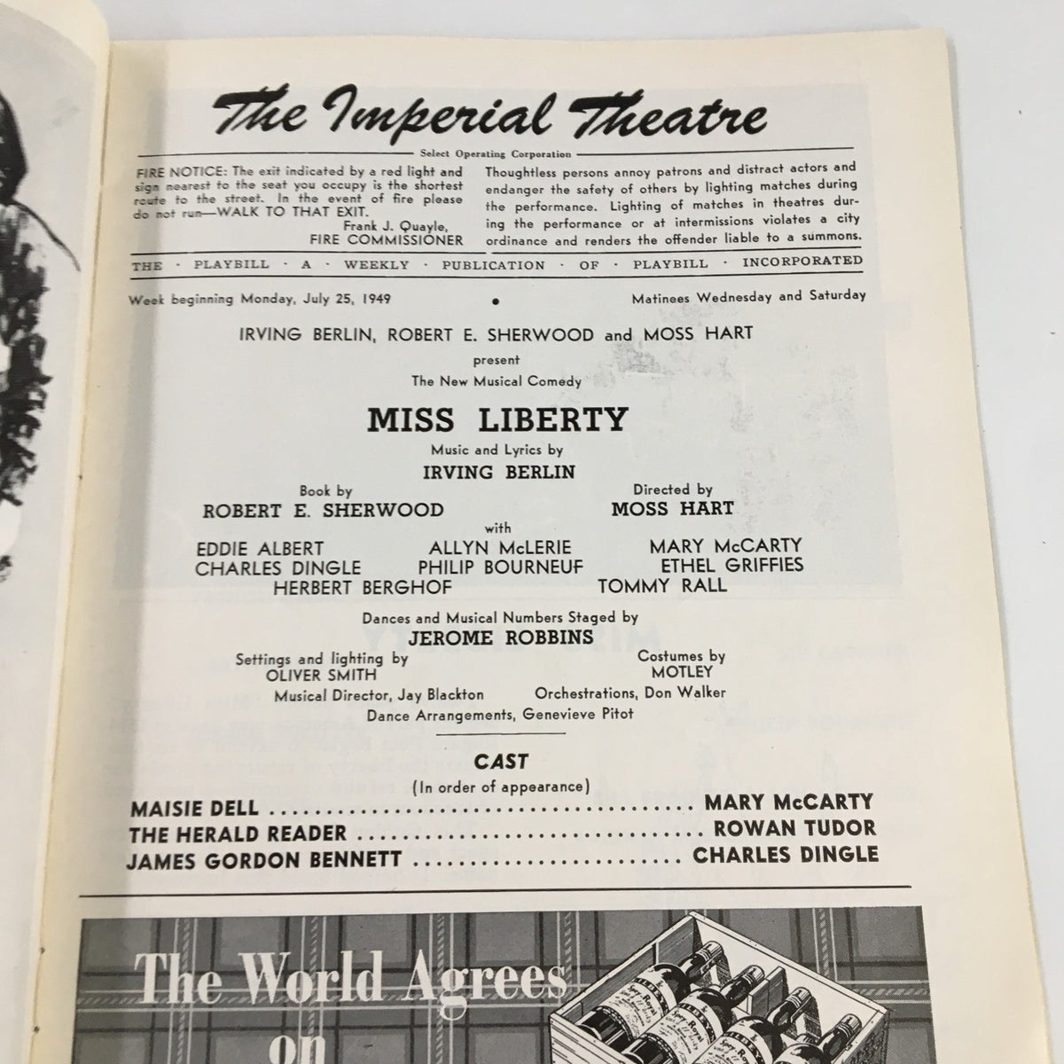 1949 Playbill The Imperial Theatre for Miss Liberty, detailing the cast and production credits, including Eddie Albert and the creative team led by Moss Hart.