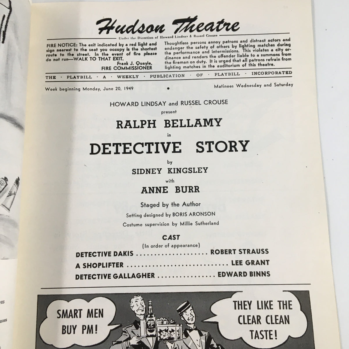 Inside page of the 1949 Playbill for Detective Story at Hudson Theatre, detailing the cast and production credits including Ralph Bellamy and Sidney Kingsley.