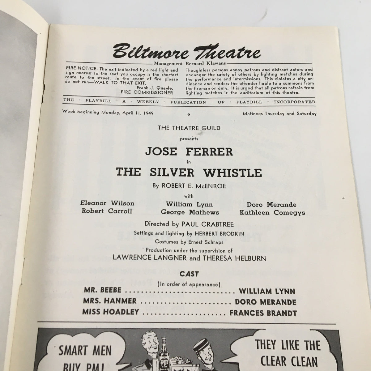 1949 Playbill Biltmore Theatre inside page showcasing Jose Ferrer in The Silver Whistle, including cast list and production details.