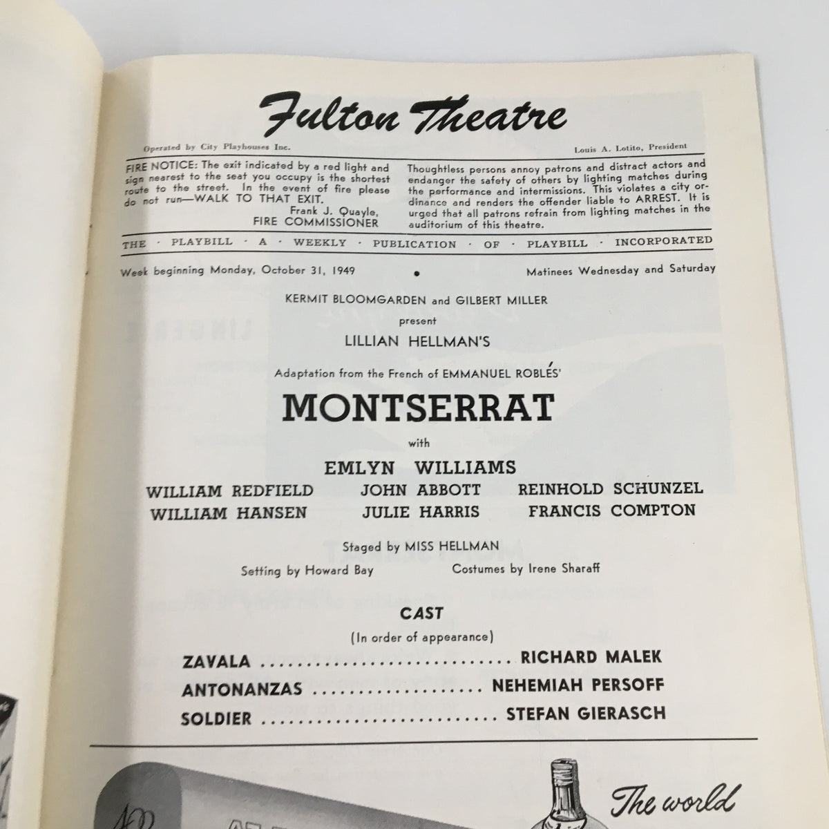 Inside view of the 1949 Playbill for the Fulton Theatre, detailing the cast and production credits for the play Montserrat by Lillian Hellman.