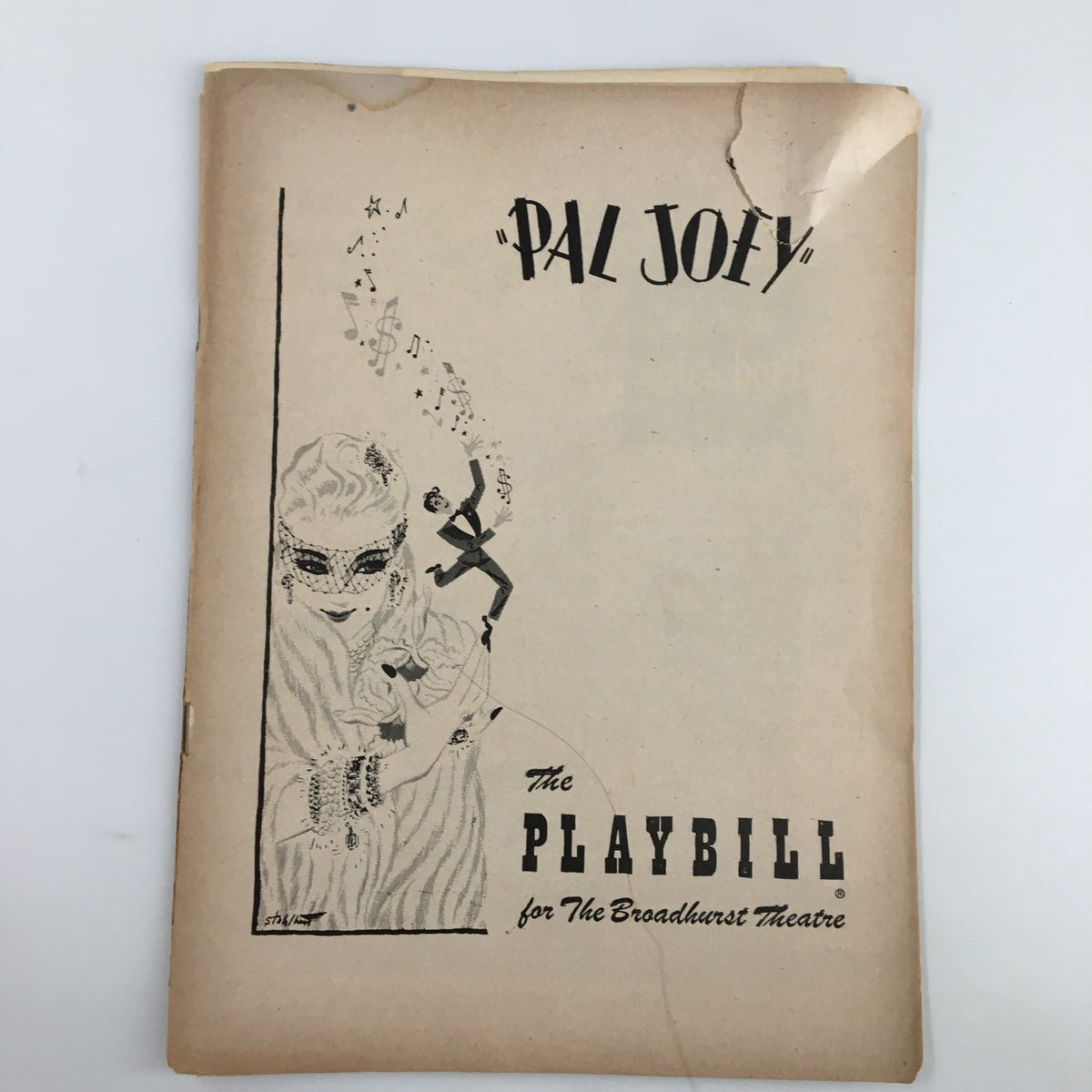 Cover of the 1952 Playbill for 'Pal Joey' featuring illustrations and title, from the Broadhurst Theatre.
