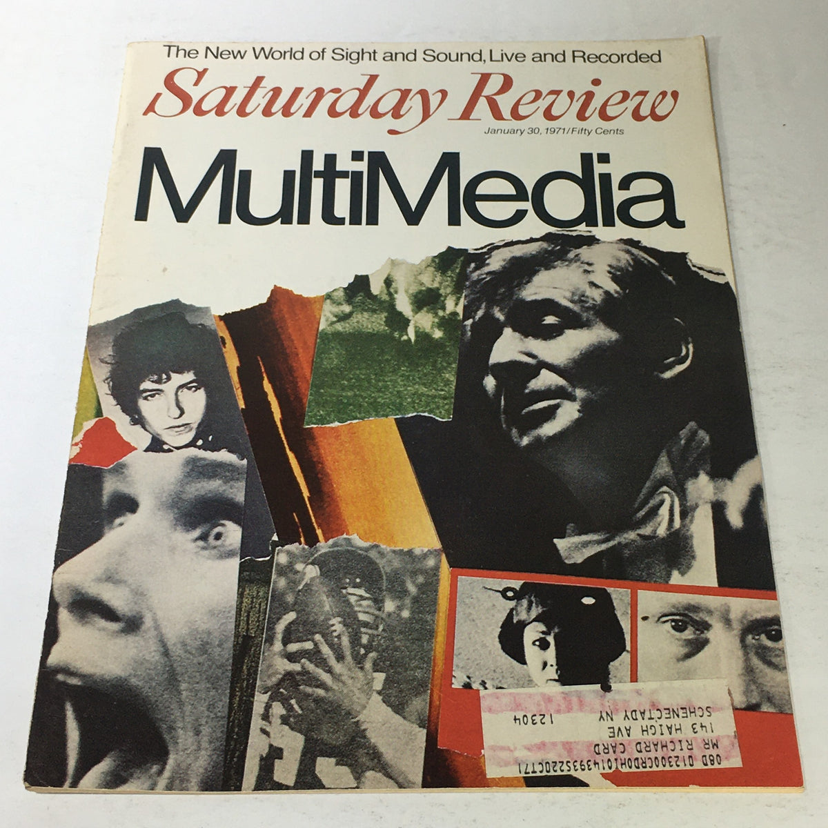 Cover of the VTG Saturday Review: January 30 1971 - Multi Media & The New World of Sight, featuring a collage of images related to multimedia, including faces and visual elements.