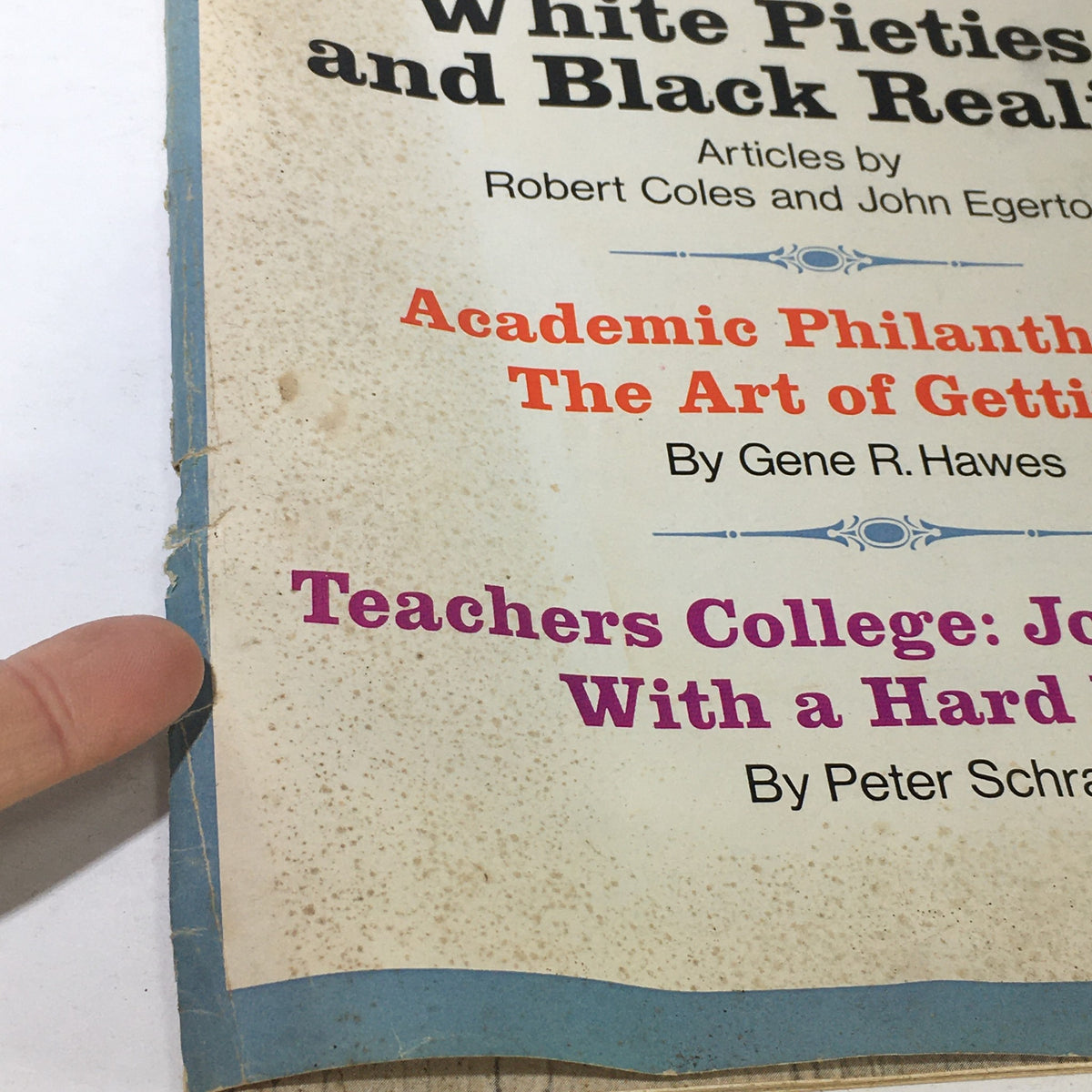 Detail of the cover of VTG Saturday Review: December 16 1967 showcasing article titles including 'Academic Philanthropy: The Art of Getting' by Gene R. Hawes.