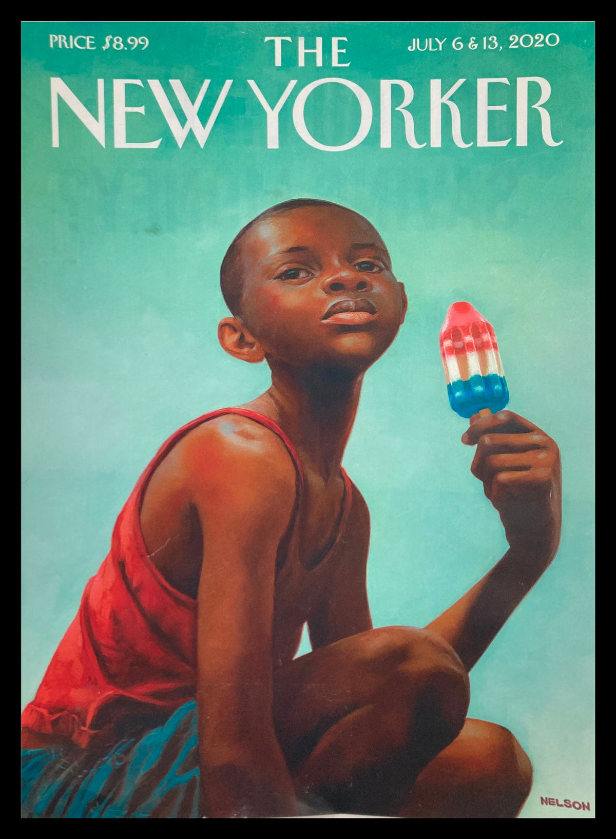 Cover of The New Yorker dated July 6, 2020, titled 'Distant Summer', illustrated by Kadir Nelson, featuring a young boy holding a popsicle against a teal background.