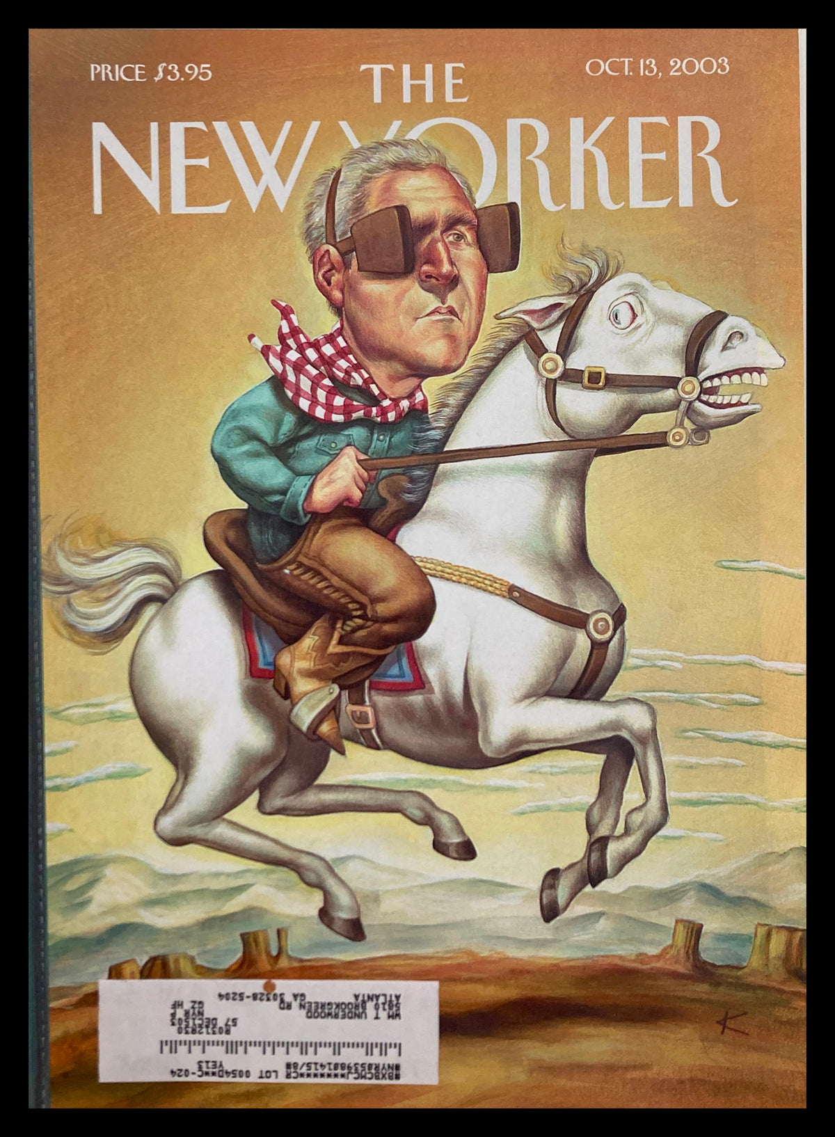 Cover of The New Yorker October 13 2003 featuring 'The Vision Thing' illustration by Anita Kunz, depicting a man riding a horse in a surreal style.