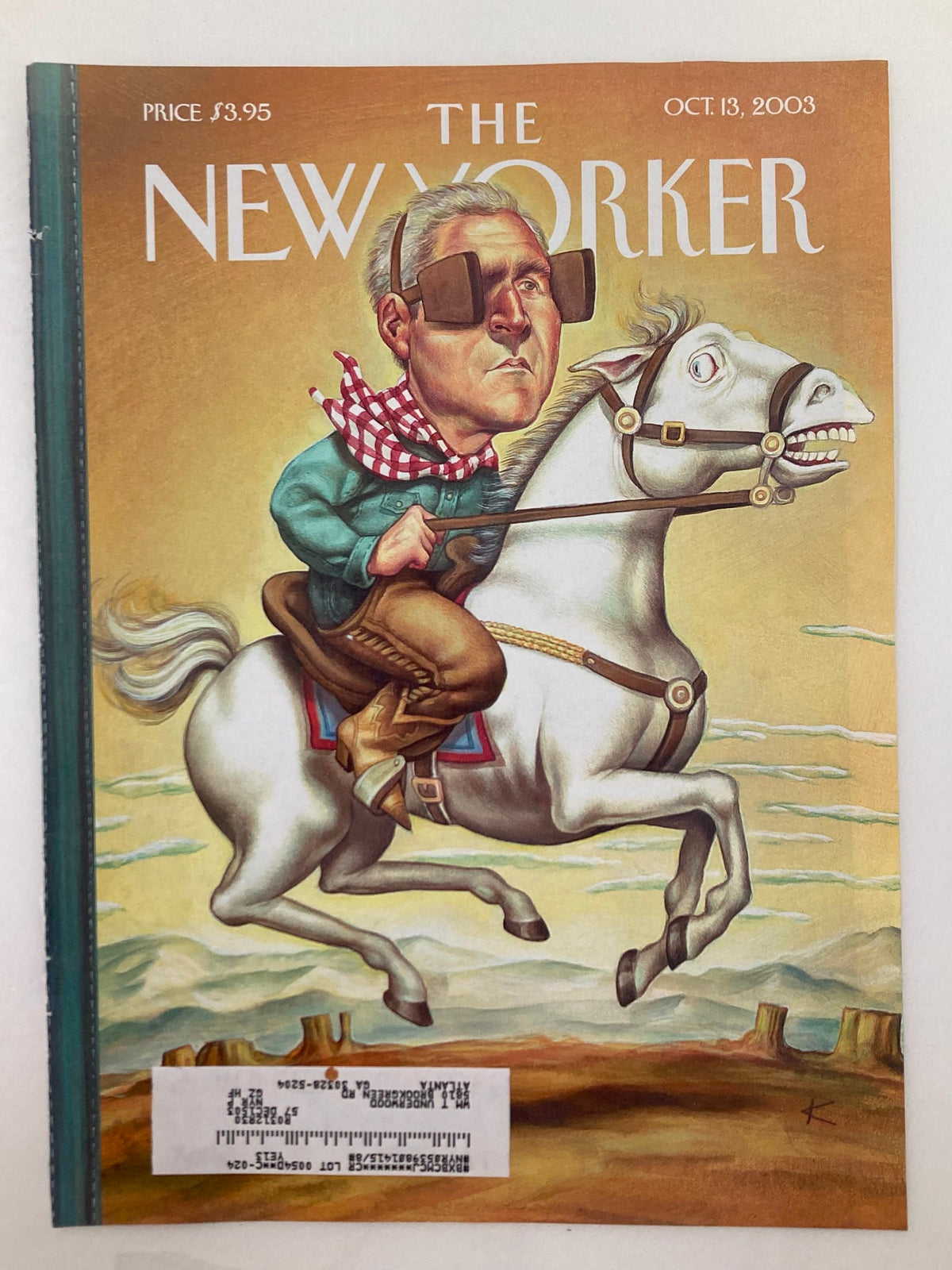 Cover of The New Yorker October 13 2003 illustrated by Anita Kunz, showcasing 'The Vision Thing' with a caricature of a man on a horse against a whimsical background.