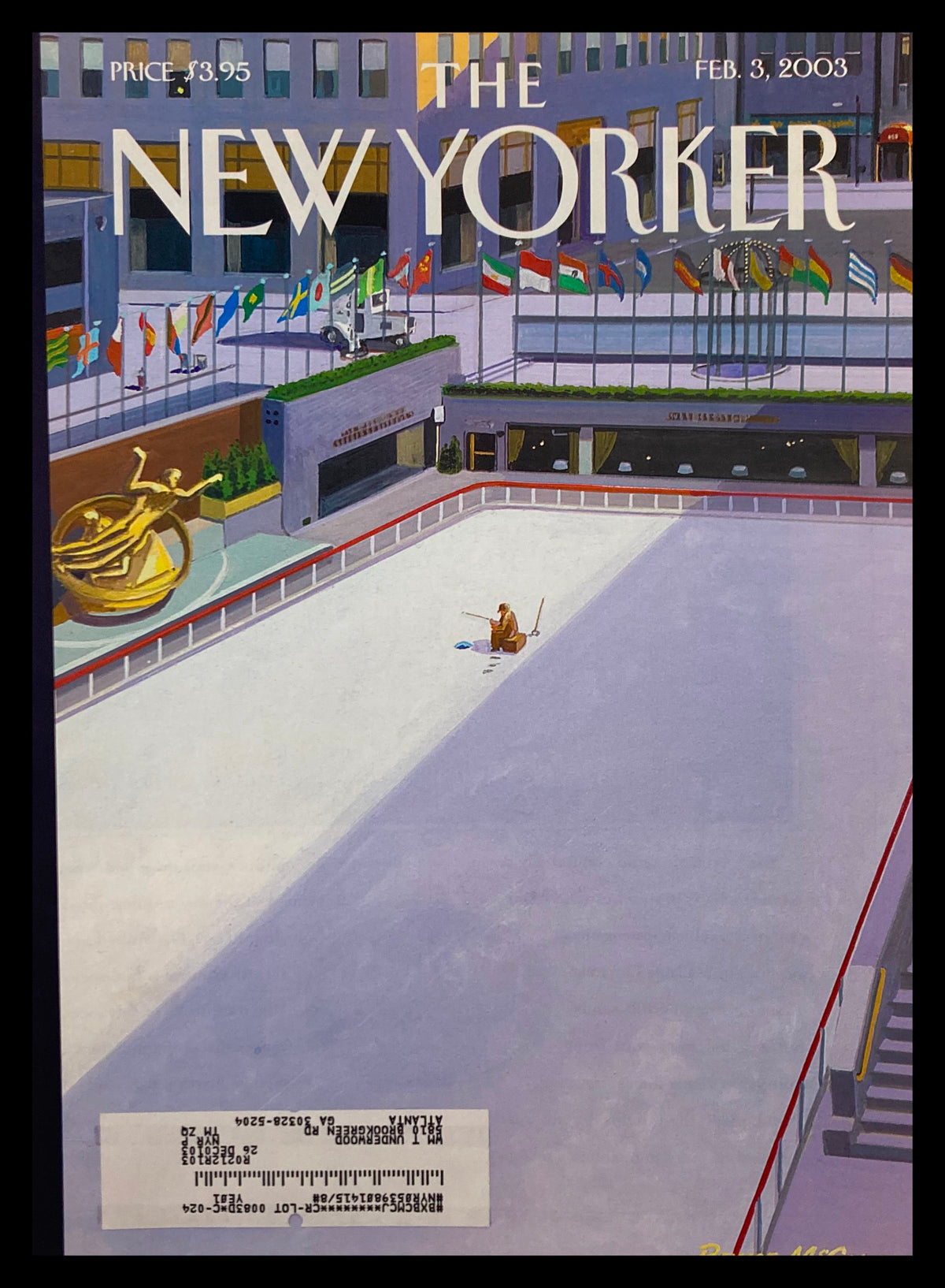 Cover of The New Yorker February 3, 2003 titled 'Stocked Pond' by Bruce McCall featuring an ice rink scene in a city setting, showcasing vibrant colors and unique illustration style.