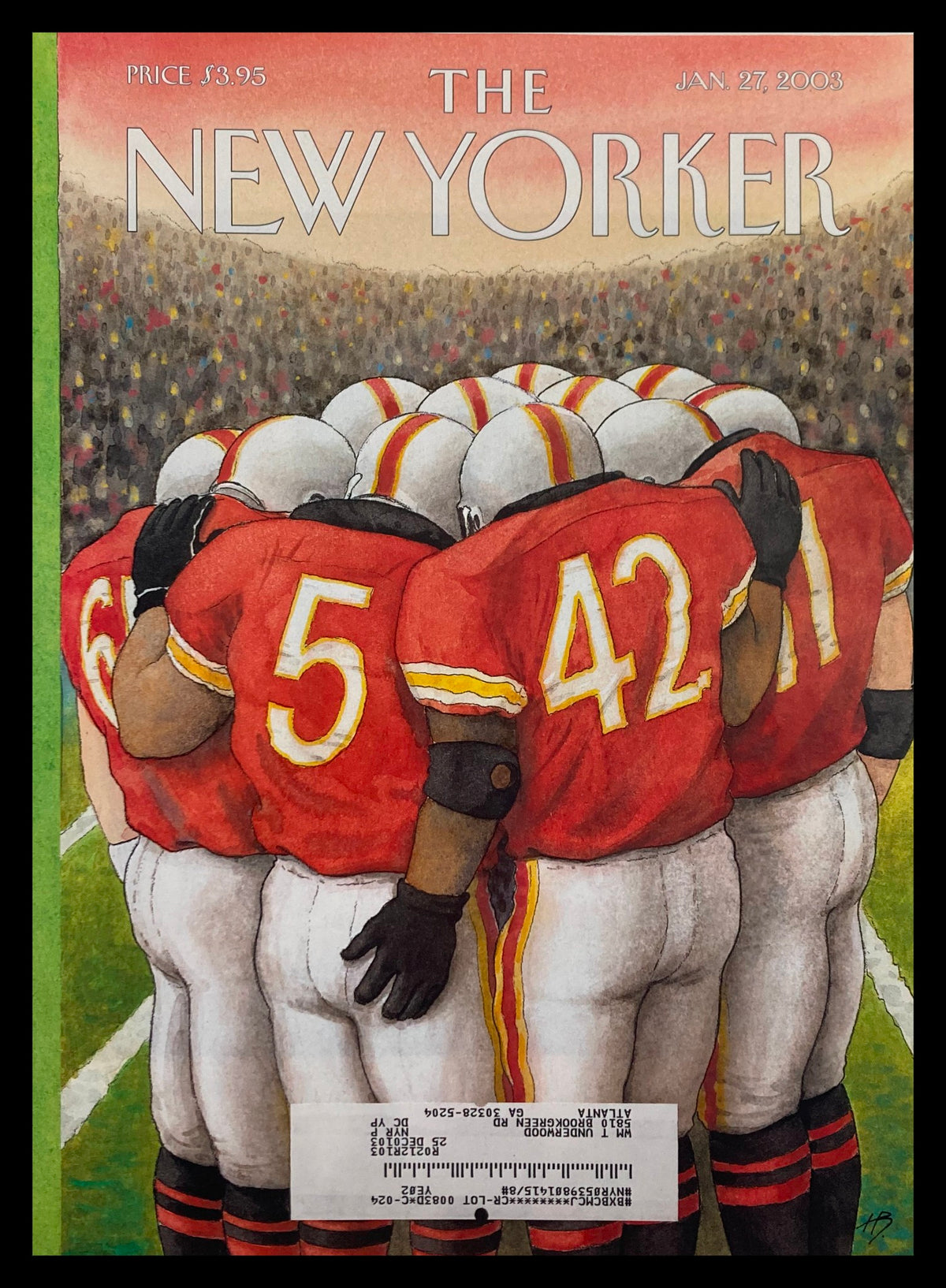 The New Yorker January 27 2003 magazine cover titled 'Lateral Pass' by Harry Bliss, featuring a group of football players in red uniforms huddled together on a field.