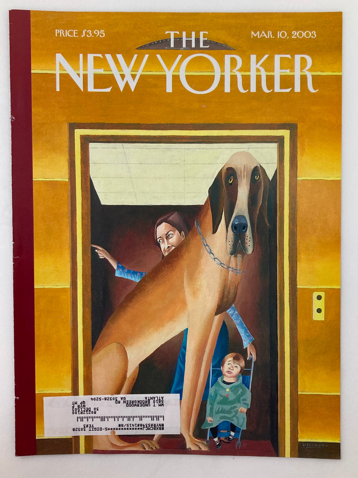 Cover of The New Yorker March 10, 2003, 'Three's A Crowd' by Mark Ulriksen. The artwork depicts a woman with a large dog and a child, highlighting vintage illustration style and New York culture.