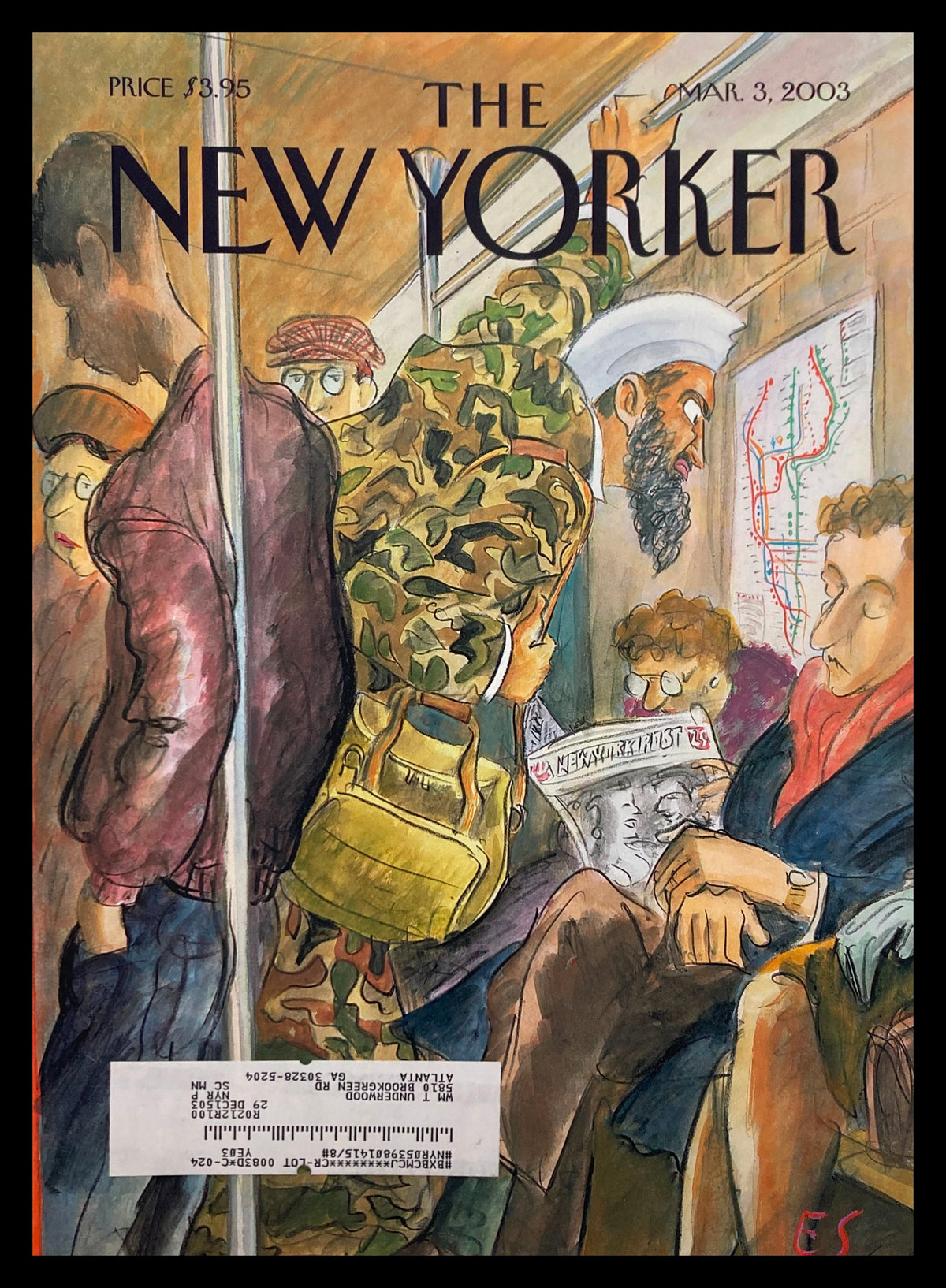 The New Yorker March 3 2003 Cover by Edward Sorel depicting urban tourism with lively characters in a subway setting.