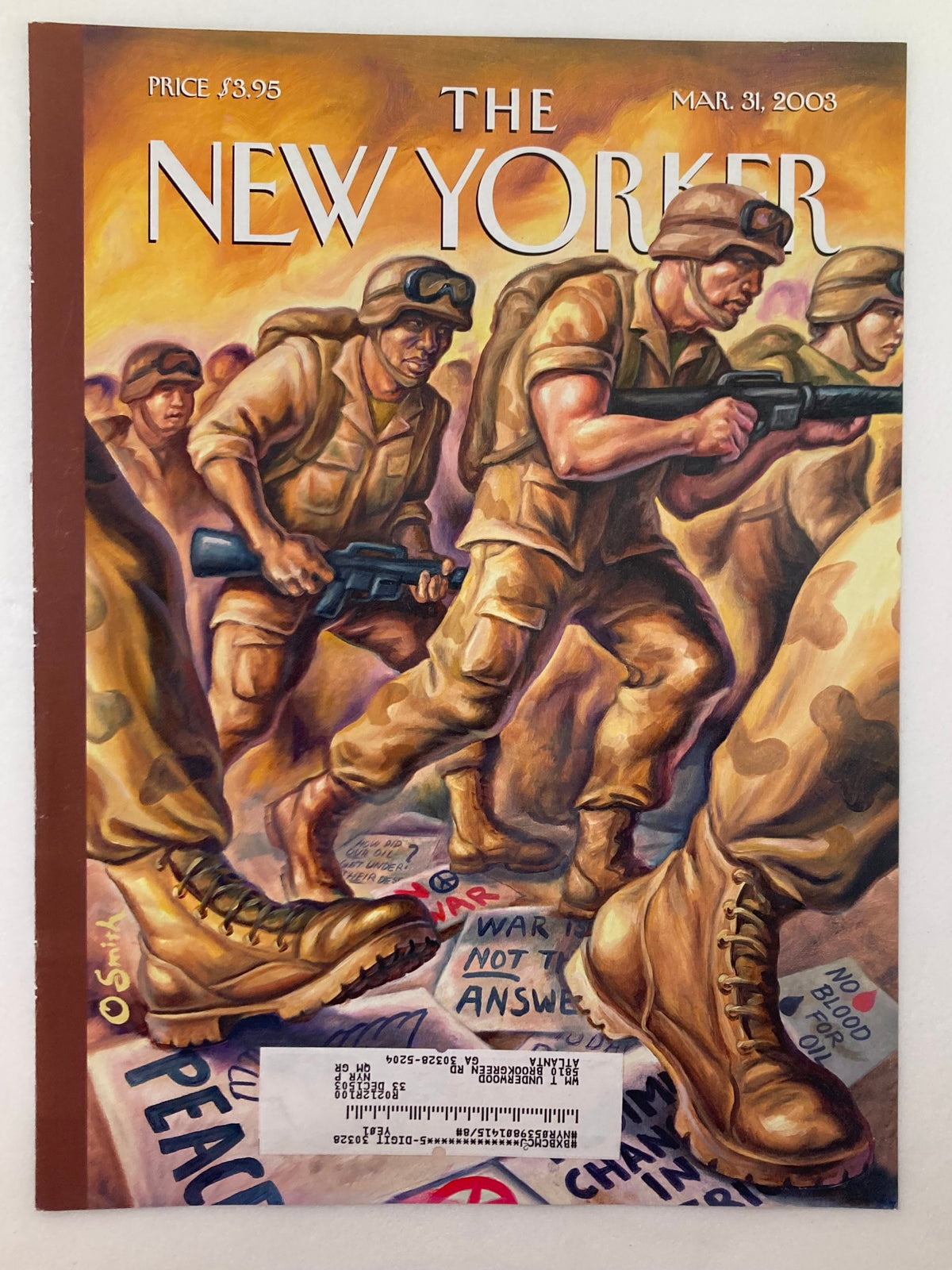 COVER ONLY The New Yorker March 31 2003 Signs of the Times by Owen Smith, illustrating soldiers marching with protest signs in the foreground, representing significant historical themes from the time.