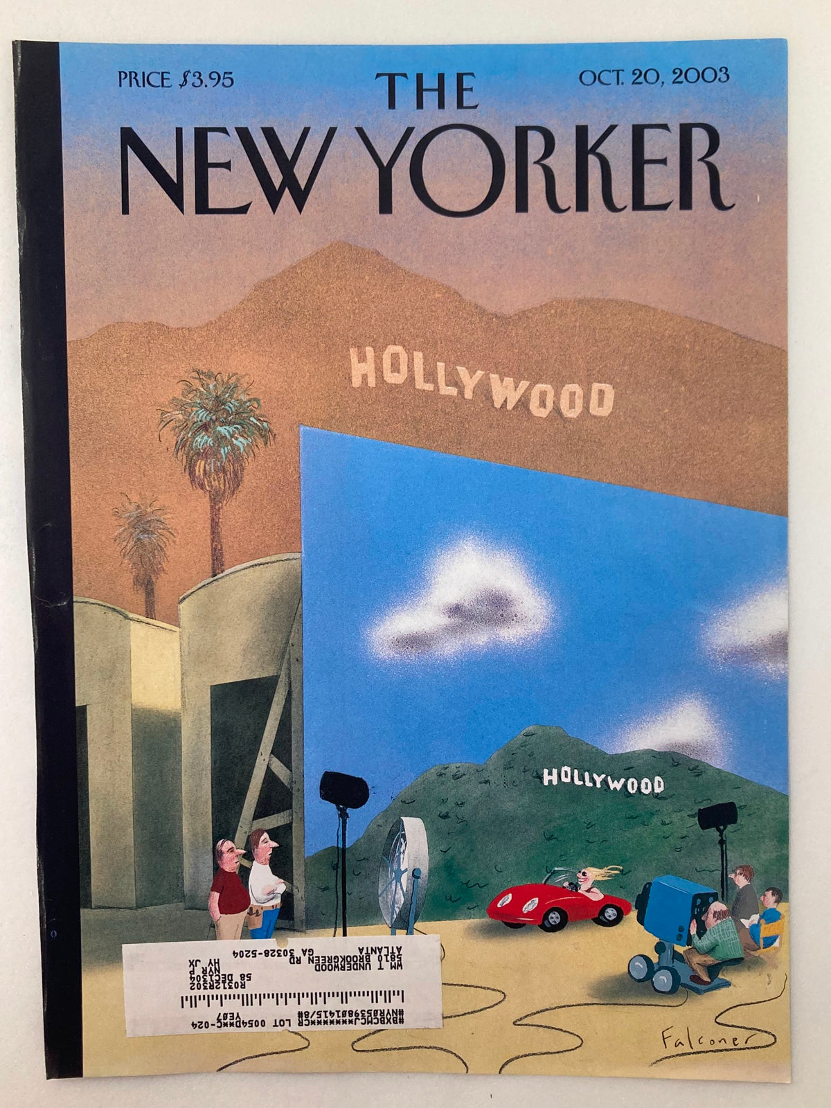 The New Yorker cover from October 20 2003 titled The Grand Illusion by Ian Falconer, featuring a whimsical Hollywood landscape with people, a red car, and production gear.