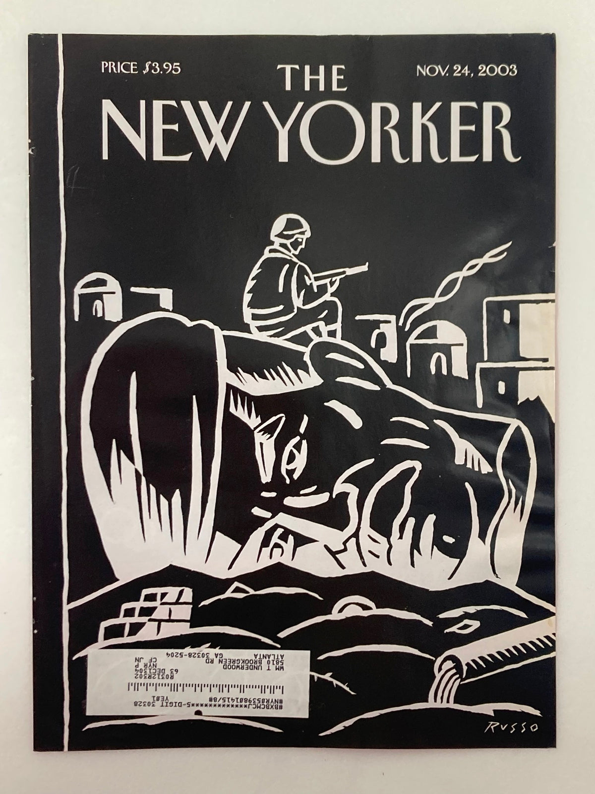 Cover only of The New Yorker November 24, 2003 titled 'The Occupation' by Anthony Russo, featuring bold illustrations depicting a soldier and urban landscape.