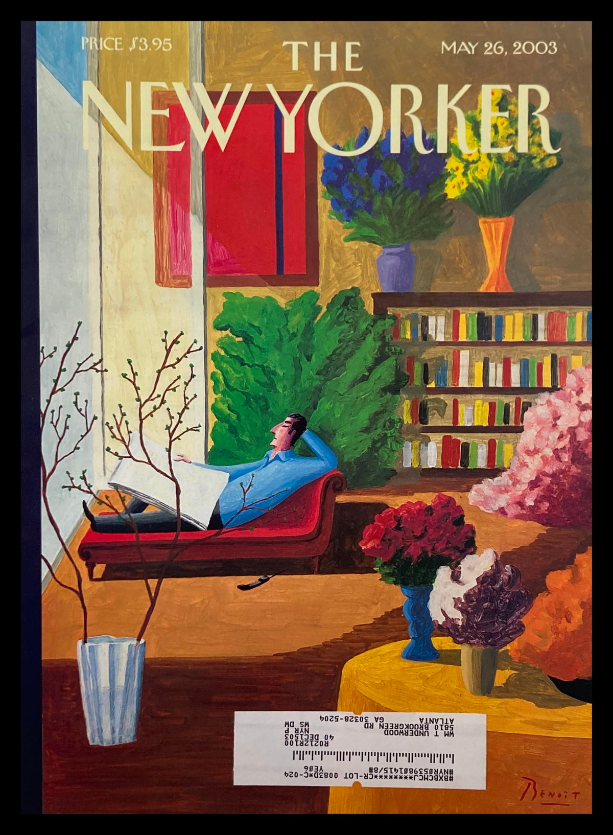 Cover of The New Yorker May 26 2003 titled 'Sunroom' by Benoit van Innis, featuring a vibrant interior scene with floral arrangements and a serene figure reading.