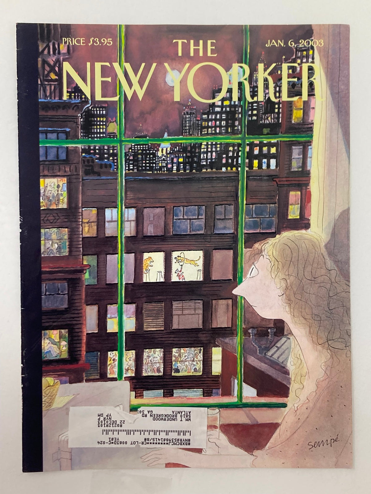 The New Yorker January 6, 2003 cover art titled 'Silence of the Night' by Jean-Jacques Sempé, illustrating a tranquil moment with a window view of city life.