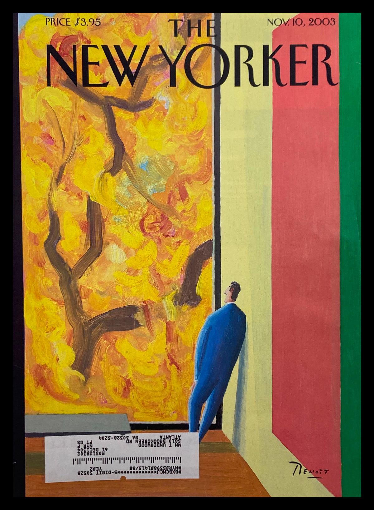 Cover of The New Yorker magazine, November 10, 2003, featuring the artwork 'A Pretty Picture' by Benoit van Innis, showcasing a man gazing at a vibrant yellow painting in a modern interior setting.
