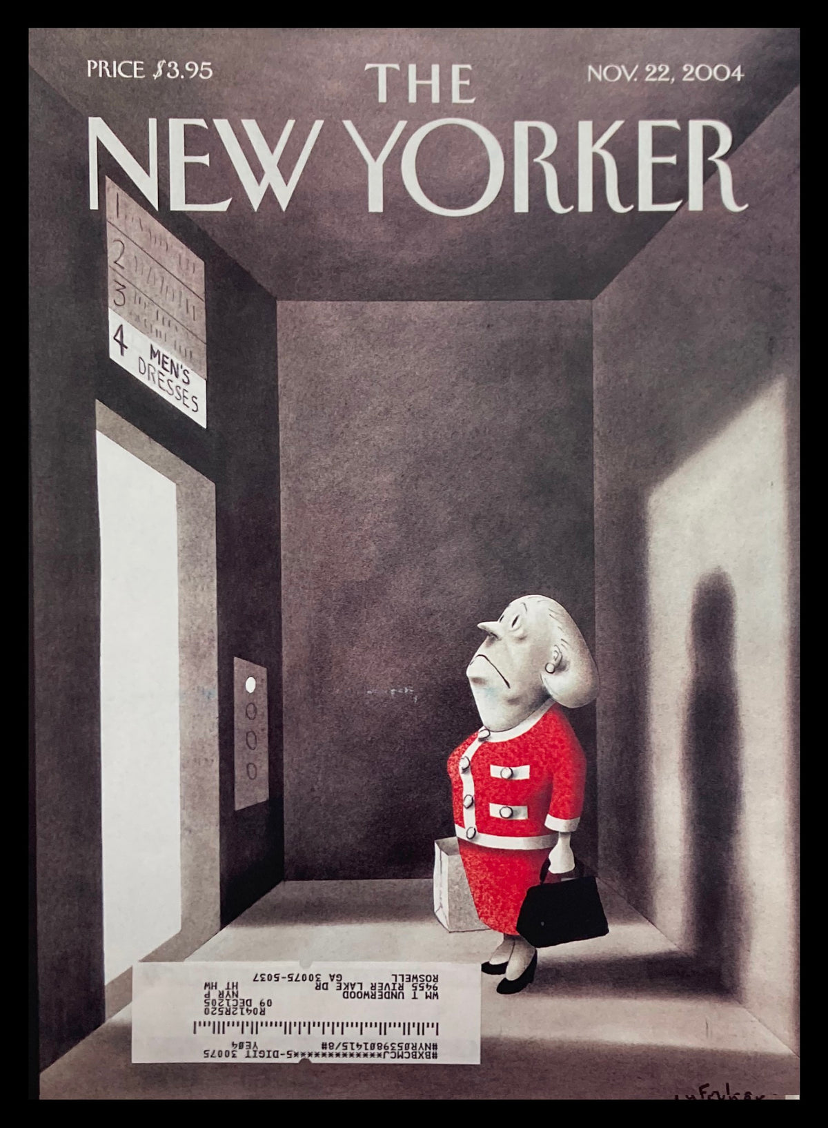 Cover of The New Yorker dated November 22, 2004, featuring 'Wrong Floor' artwork by Ian Falconer, depicting a woman in a red suit standing in an elevator lobby.