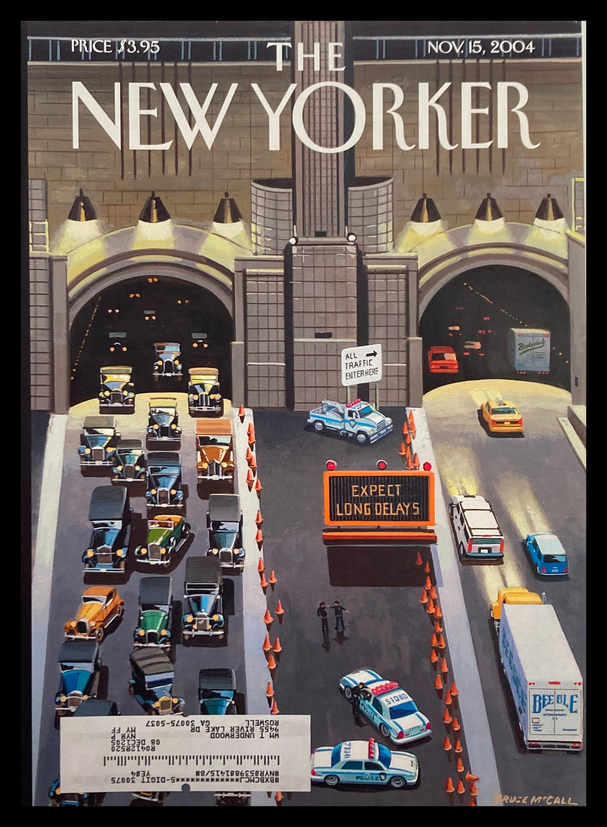 The New Yorker cover from November 15, 2004, titled 'Expect Long Delays' by Bruce McCall, depicting a humorous urban traffic scene with vehicles and a warning sign.