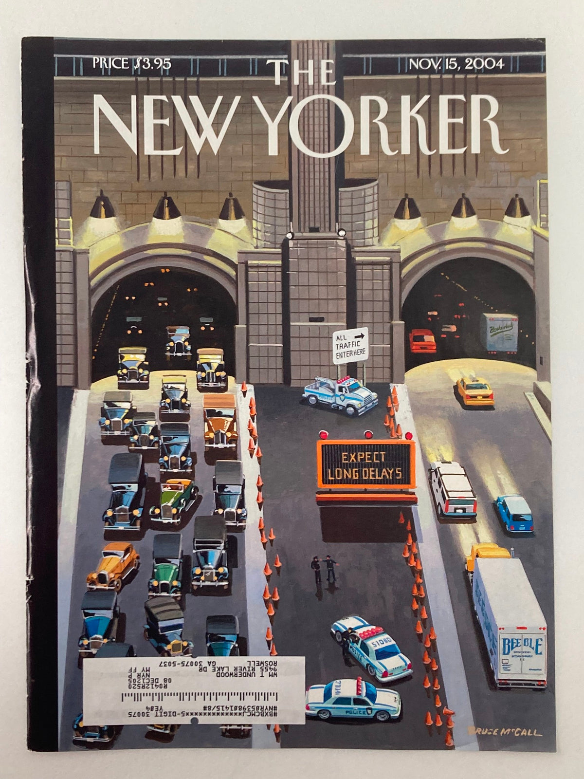 The New Yorker cover dated November 15, 2004, featuring the title 'Expect Long Delays' by Bruce McCall, showcasing an illustration of city traffic backed up with construction signs.