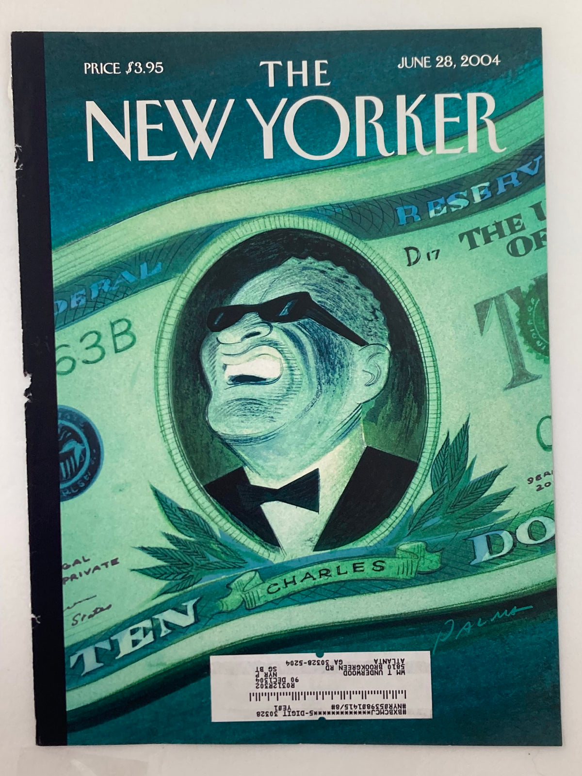 The New Yorker cover art 'In Ray We Trust' created by Eric Palma, showcasing a dramatic portrait of a man wearing sunglasses, set against a vibrant dollar bill design, published on June 28, 2004.