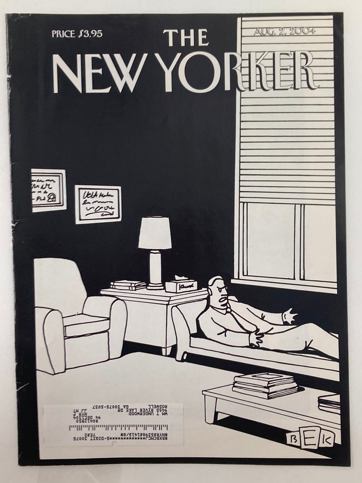 COVER ONLY The New Yorker August 2 2004: A Psychologist On Duty by Bruce E Kaplan featuring a stylized illustration of a man in a modern living room, exemplifying the iconic aesthetic of The New Yorker covers.