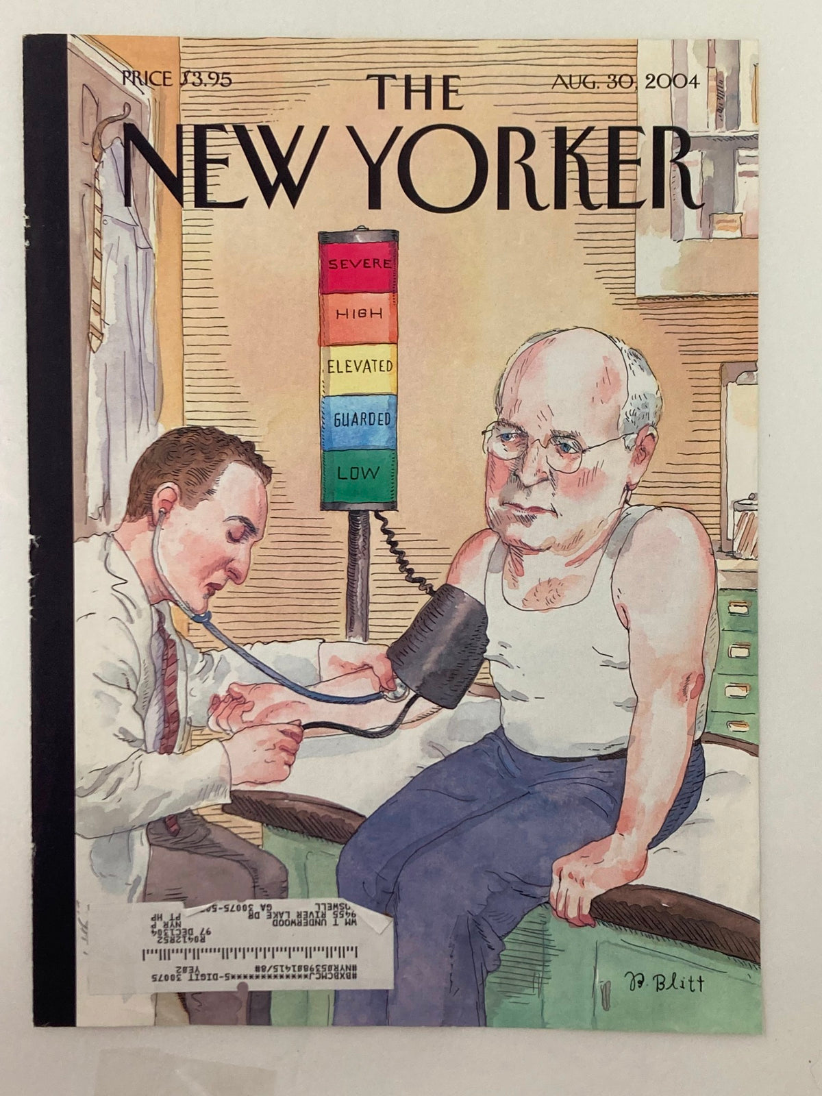 Cover of The New Yorker from August 30, 2004, titled "At Risk?" by Barry Blitt, depicting a humorous medical scene of a doctor taking a patient's blood pressure, with a colorful risk indicator displayed behind.