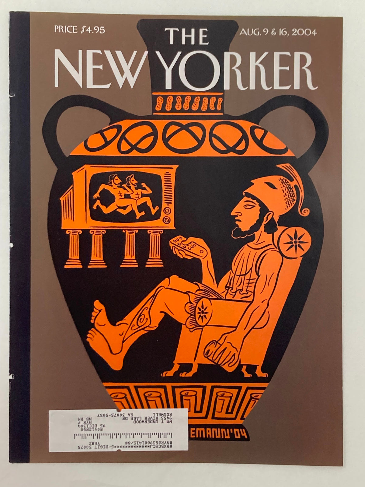 Cover only of The New Yorker August 9 2004, illustrated by Christoph Niemann, showcasing an engaging Olympic-themed illustration on a traditional Greek vase.
