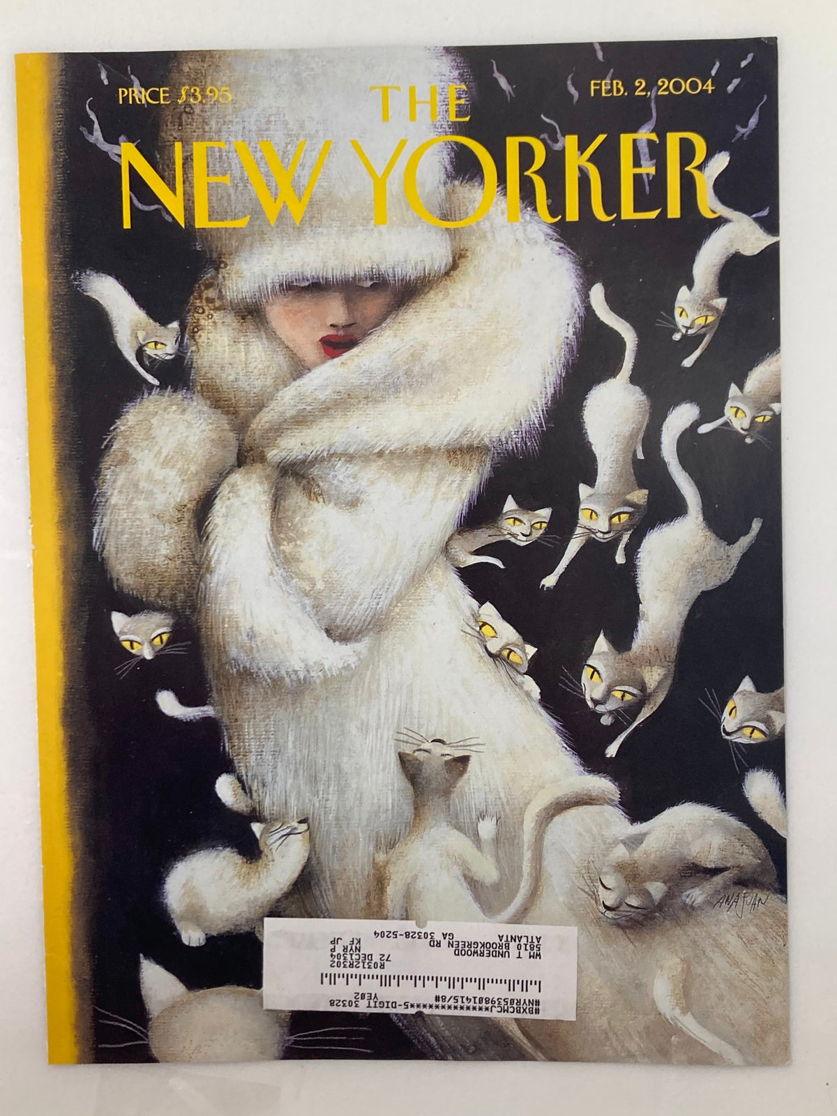 Cover image of The New Yorker from February 2, 2004 showcasing 'Huddling for Warmth' by Ana Juan, illustrating a woman in a fur coat with playful cats, emphasizing themes of warmth and community.