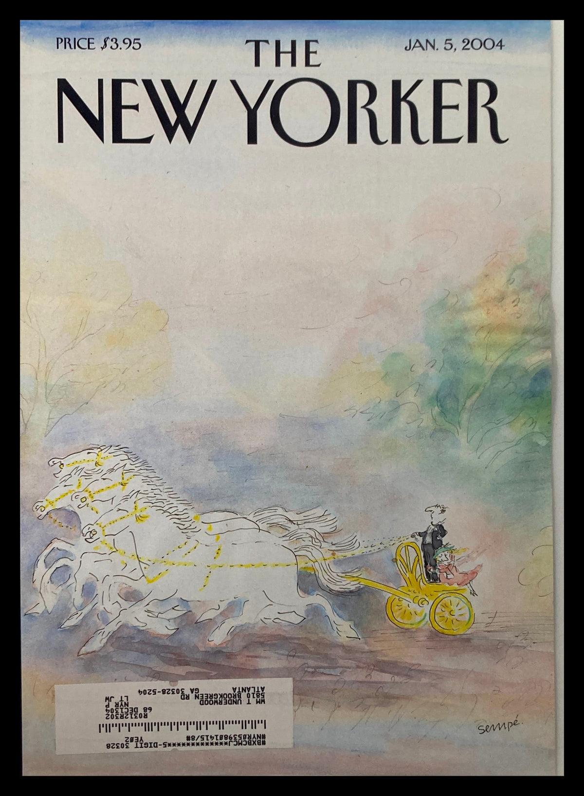 The New Yorker Cover January 5 2004 features the illustration 'Carriage' by Jean-Jacques Sempé, showcasing a whimsical scene with horses and a carriage.