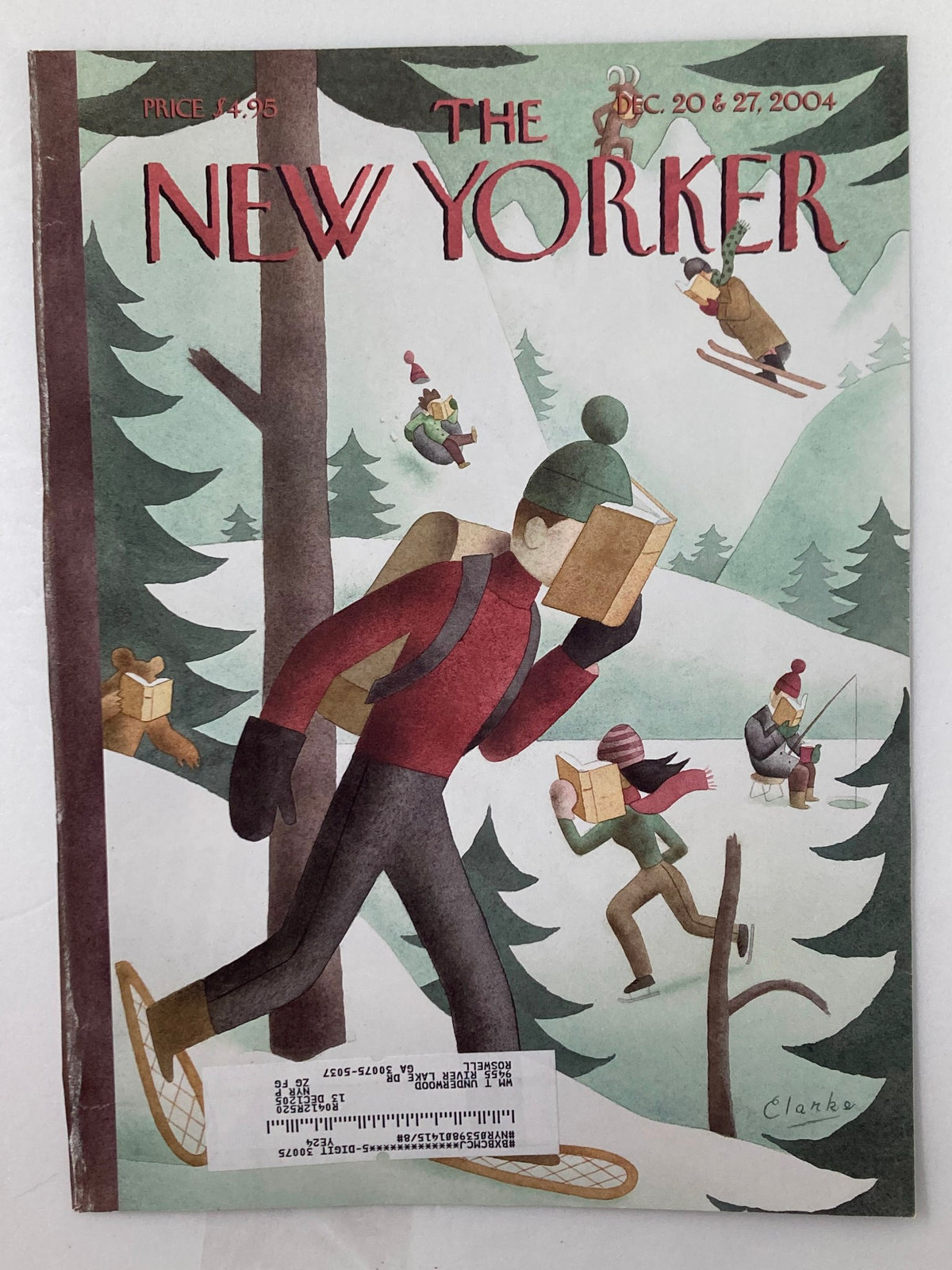 Cover of The New Yorker dated December 20, 2004, featuring winter scenes and illustrations by Greg Clarke, highlighting the theme of winter page-turners.