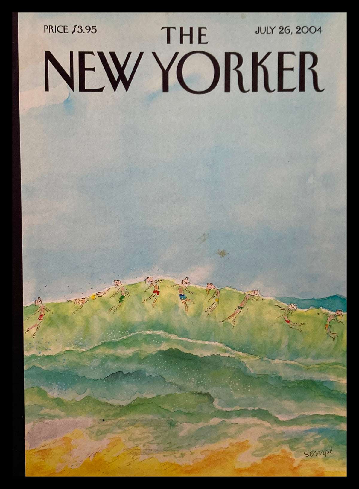 Cover of The New Yorker from July 26, 2004, featuring Big Beach Waves by J. J. Sempe, showcasing vibrant ocean waves and beachgoers enjoying a summer day.
