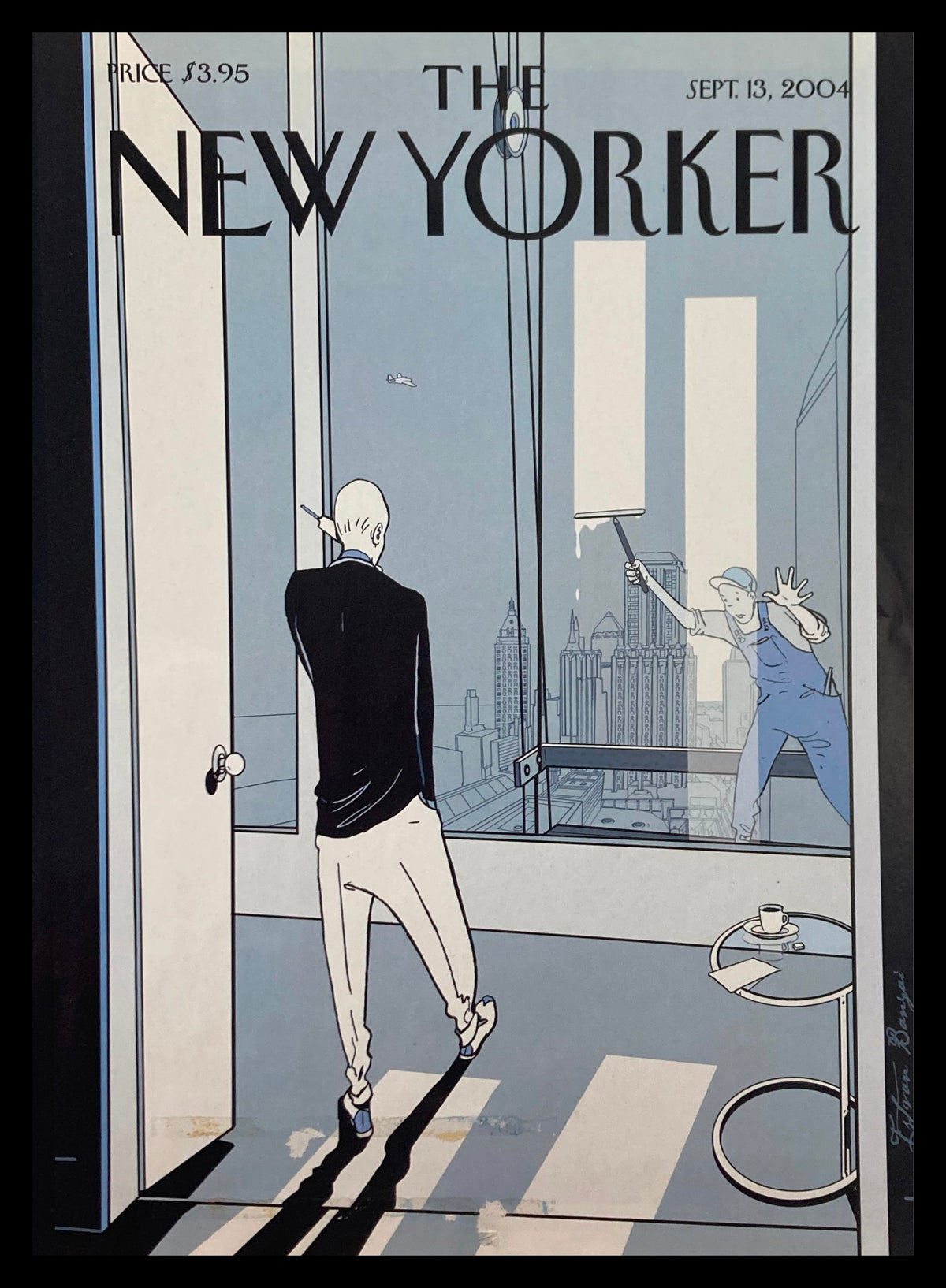 Cover of The New Yorker, September 13, 2004, titled 'Deja Vu' by Istvan Banyai, featuring minimalist design with a figure looking out a window towards a cityscape.
