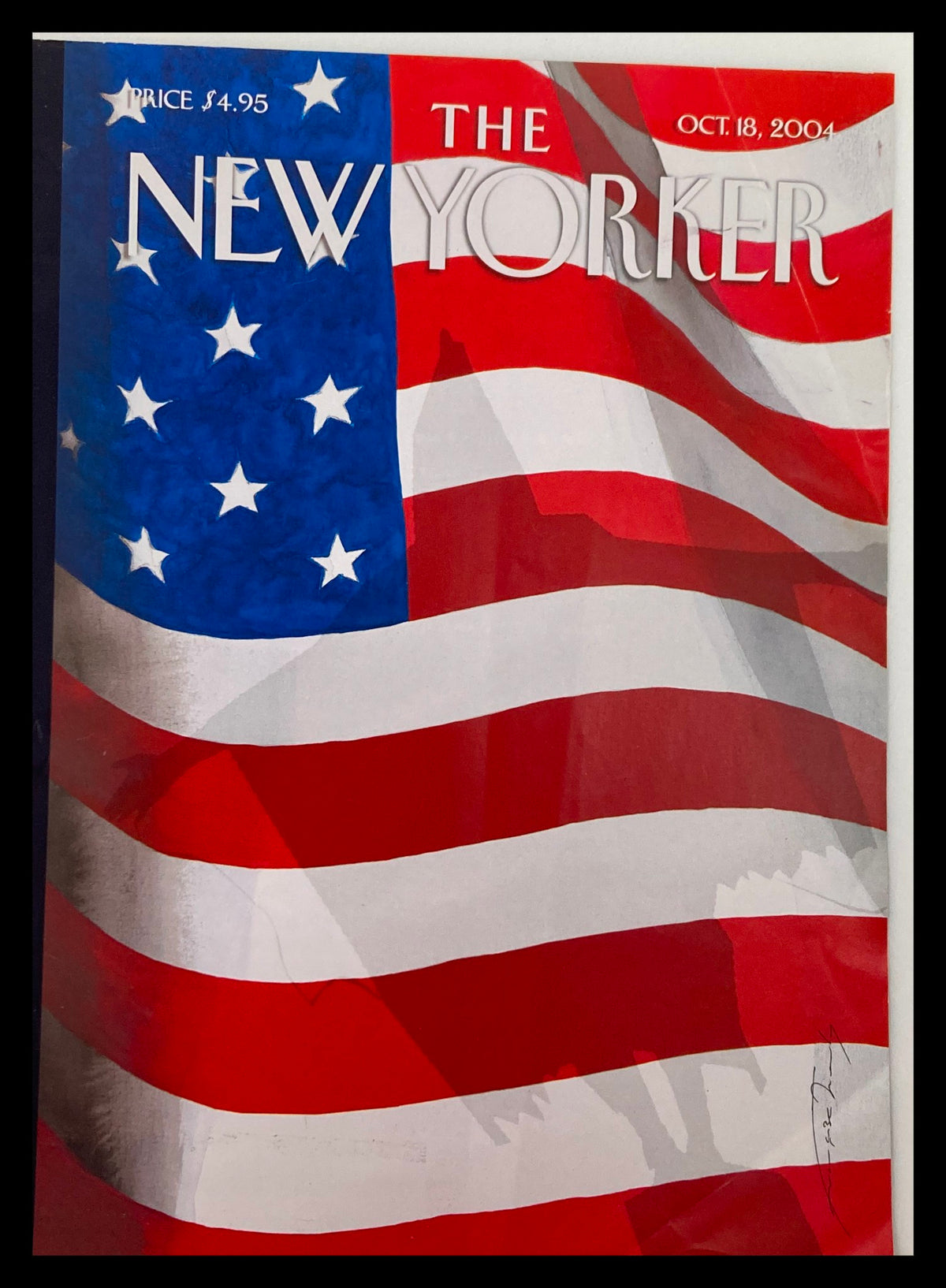 The New Yorker magazine cover from October 18, 2004, featuring an artistic depiction of the American flag, highlighting the vibrant red, white, and blue colors, designed by Françoise Mouly. This collectible item is an ideal addition for art and magazine enthusiasts.
