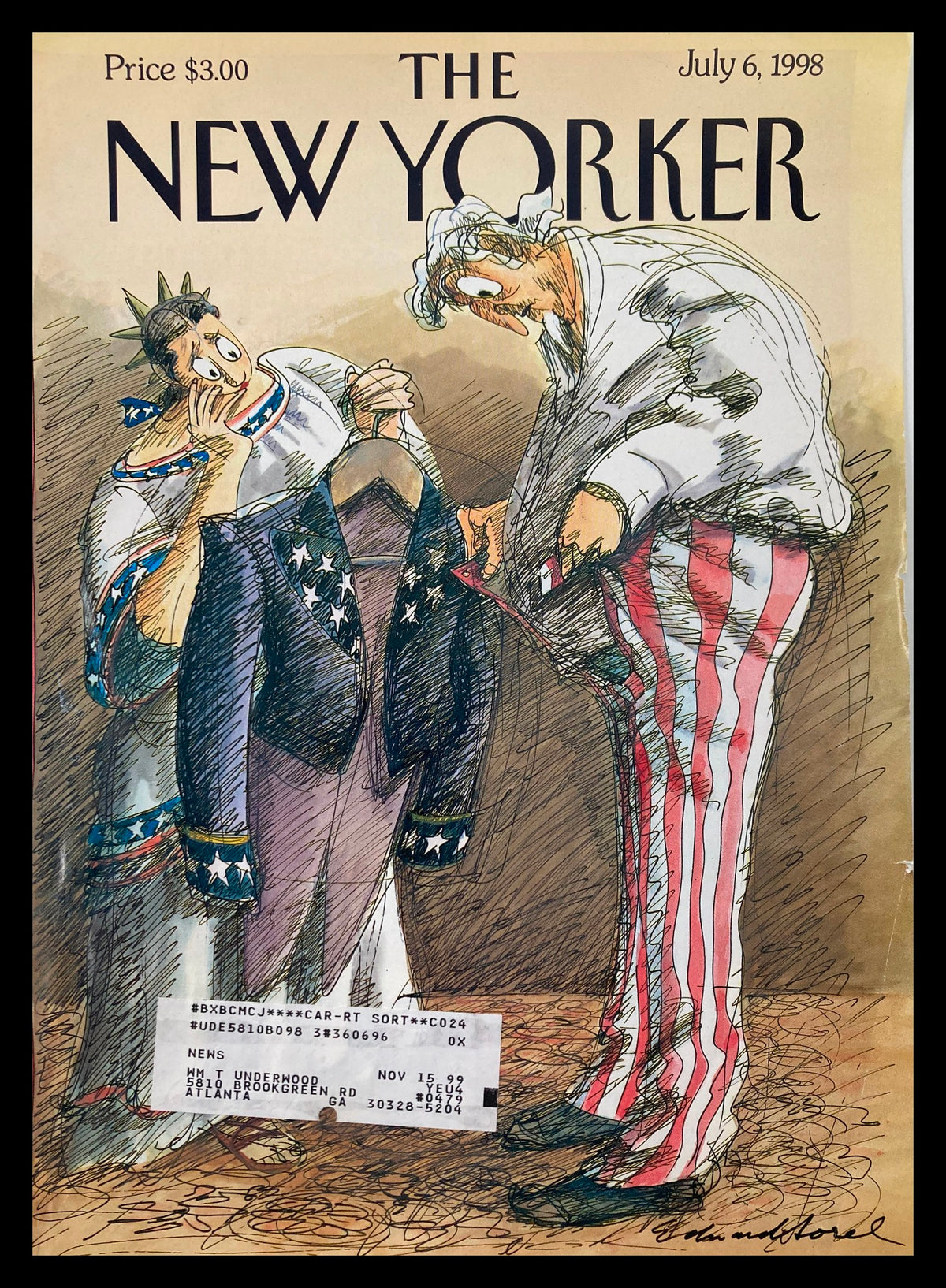 Cover of The New Yorker dated July 6, 1998, featuring artwork "Unexpected Surplus" by Edward Sorel, depicting a humorous scene with Lady Liberty and Uncle Sam.
