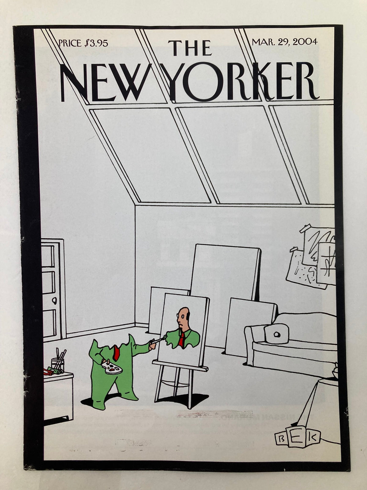 COVER ONLY The New Yorker March 29 2004 Self-Portrait by Bruce Eric Kaplan depicting a whimsical scene with a character in a green suit painting a portrait of themselves in an artist's workspace.
