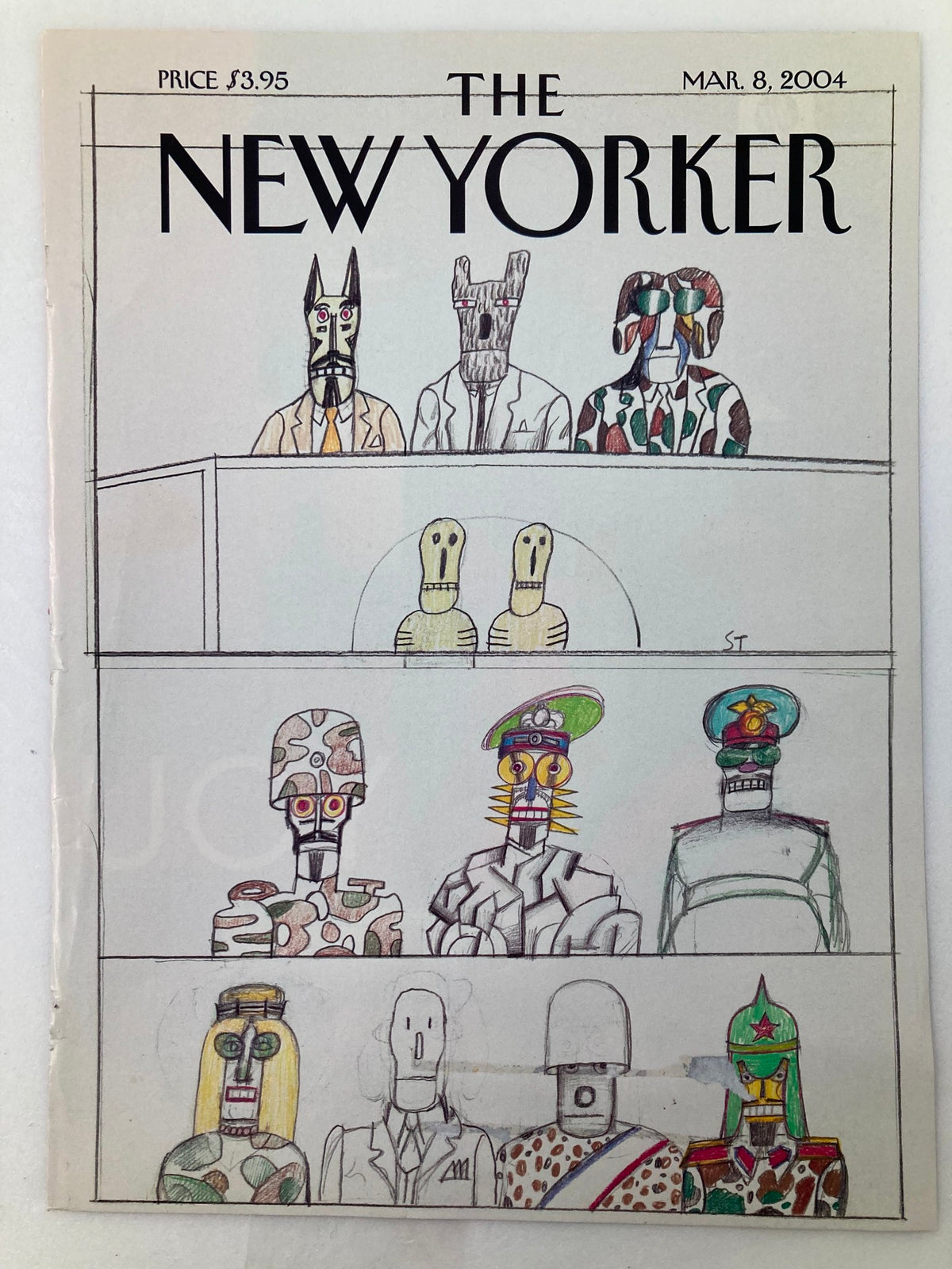 The New Yorker magazine cover from March 8, 2004, showcasing the unique artwork 'Gospel Truths' by Saul Steinberg, illustrating various stylized figures and vibrant colors.