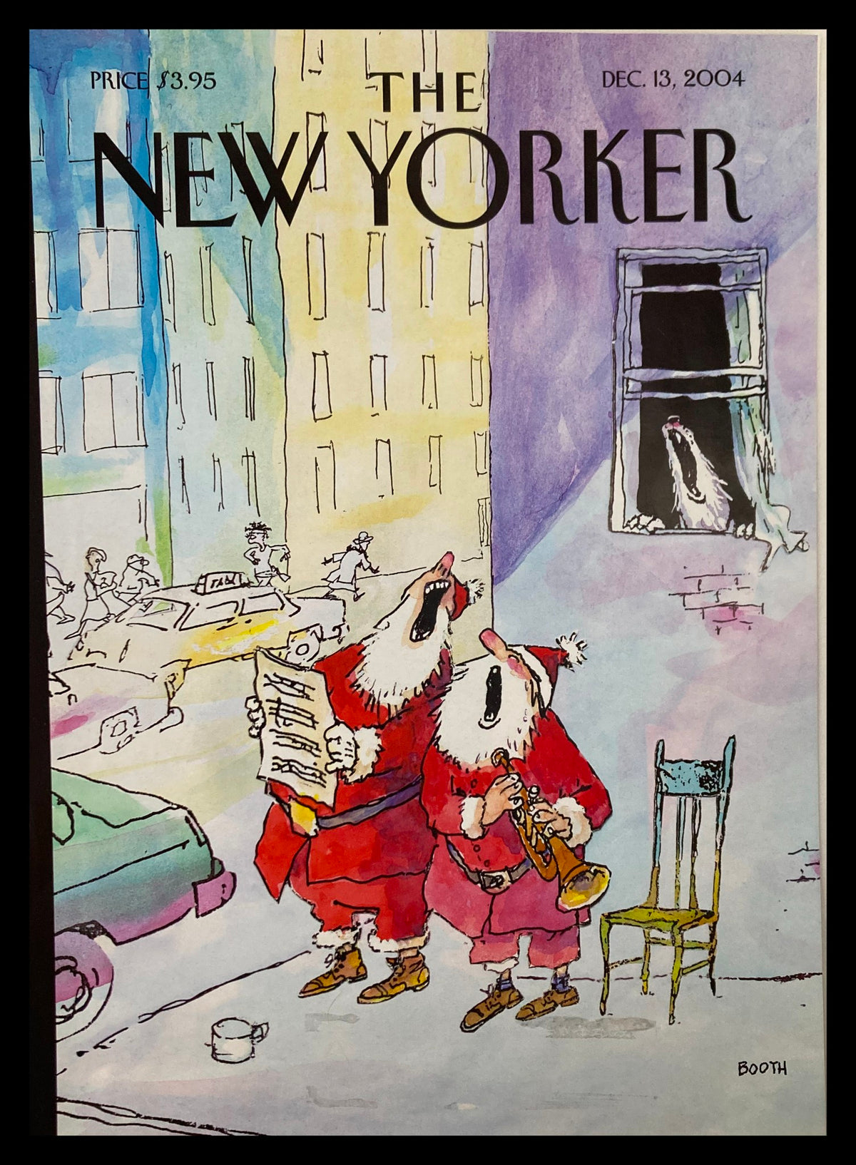 COVER ONLY The New Yorker December 13 2004 Holiday Howls by George Booth, featuring whimsical characters in festive attire singing in the streets amid a vibrant urban backdrop.