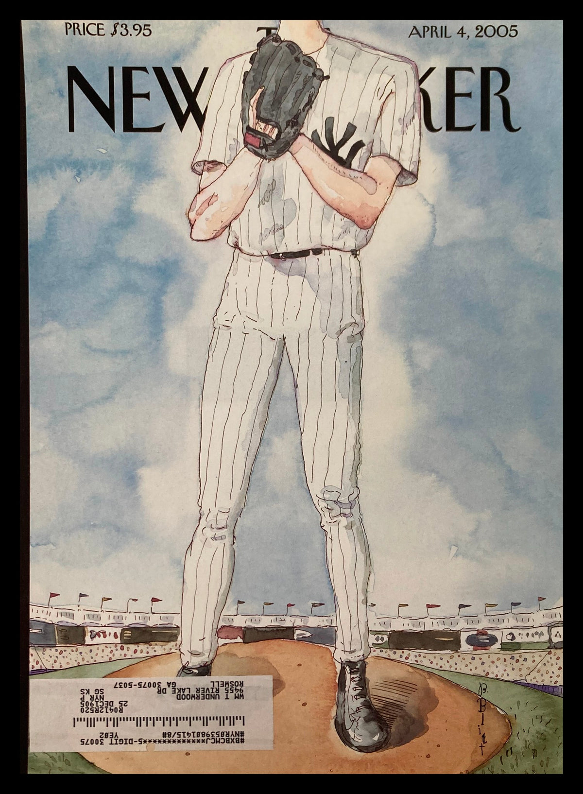 Cover of The New Yorker April 4 2005 titled 'Over the Top' by Barry Blitt, featuring an illustration of a pitcher in a baseball uniform on the mound.