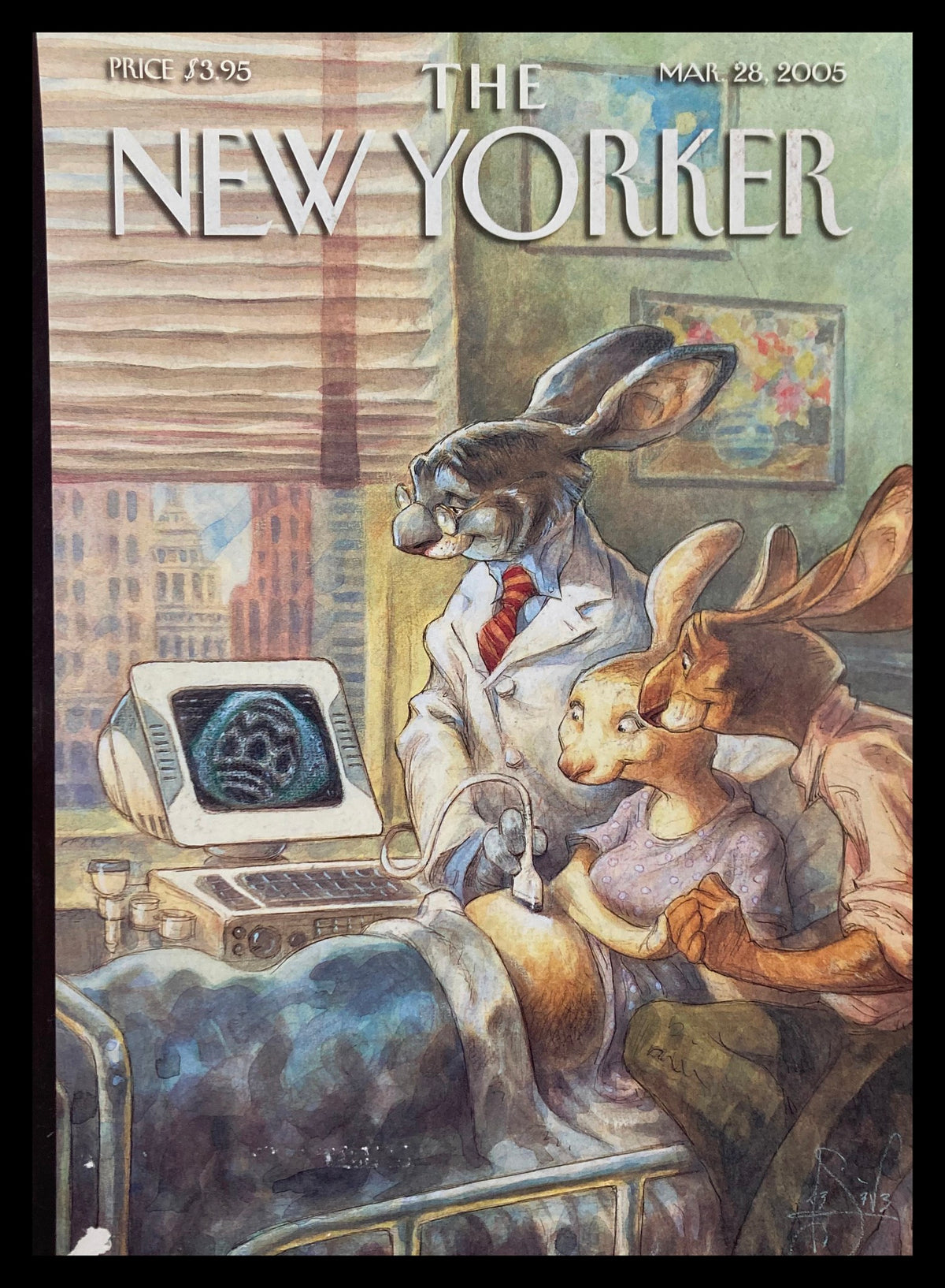 Cover of The New Yorker, March 28, 2005, titled 'Trust Fund Truths' by Peter de Seve, featuring anthropomorphic rabbits in a doctor's office setting with a vintage ultrasound machine.
