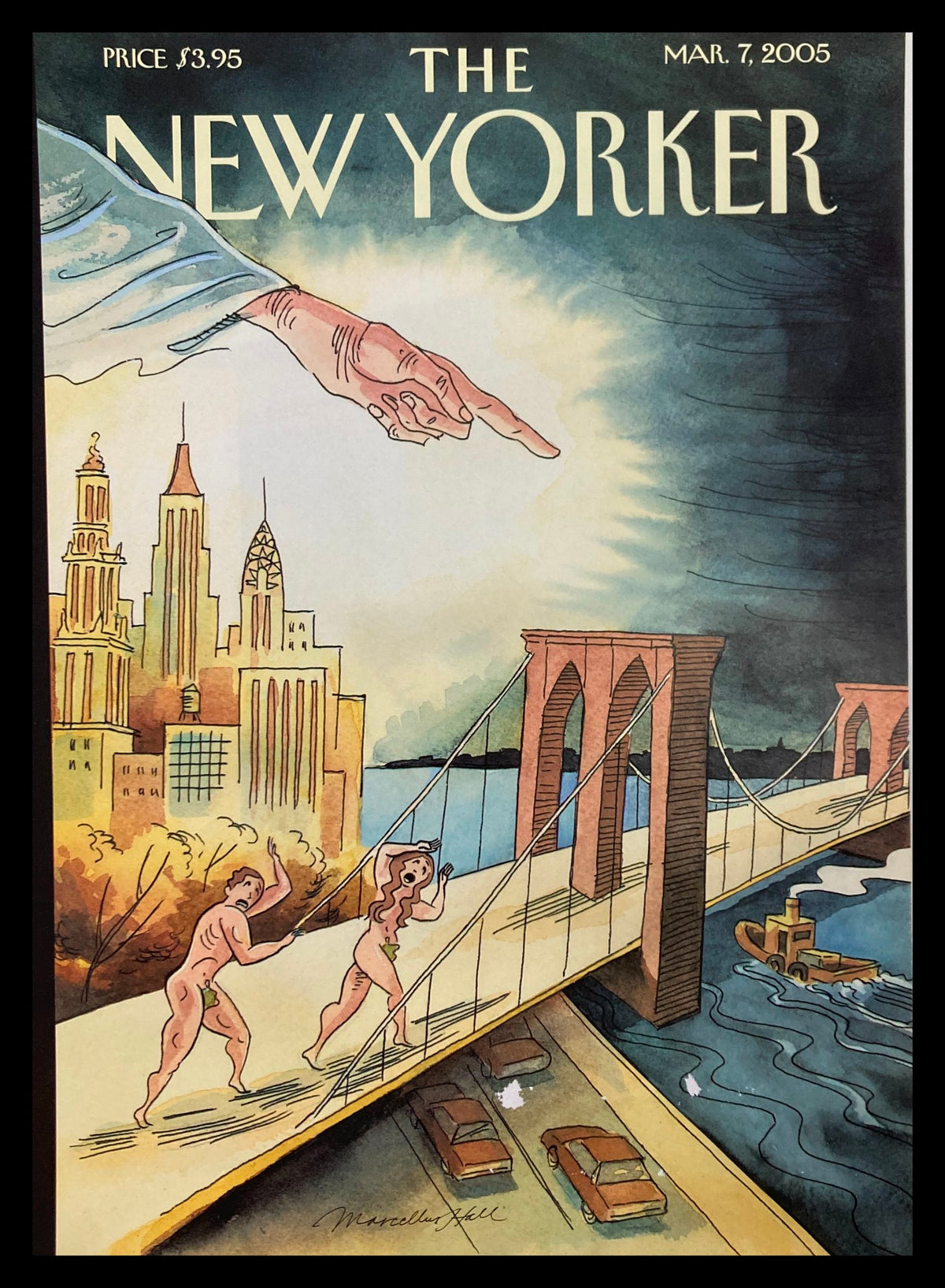 The New Yorker cover from March 7, 2005, titled 'Unaffordable Eden' by Marcellus Hall, featuring a city skyline, a bridge, and a depiction of figures illustrating a socio-economic theme.