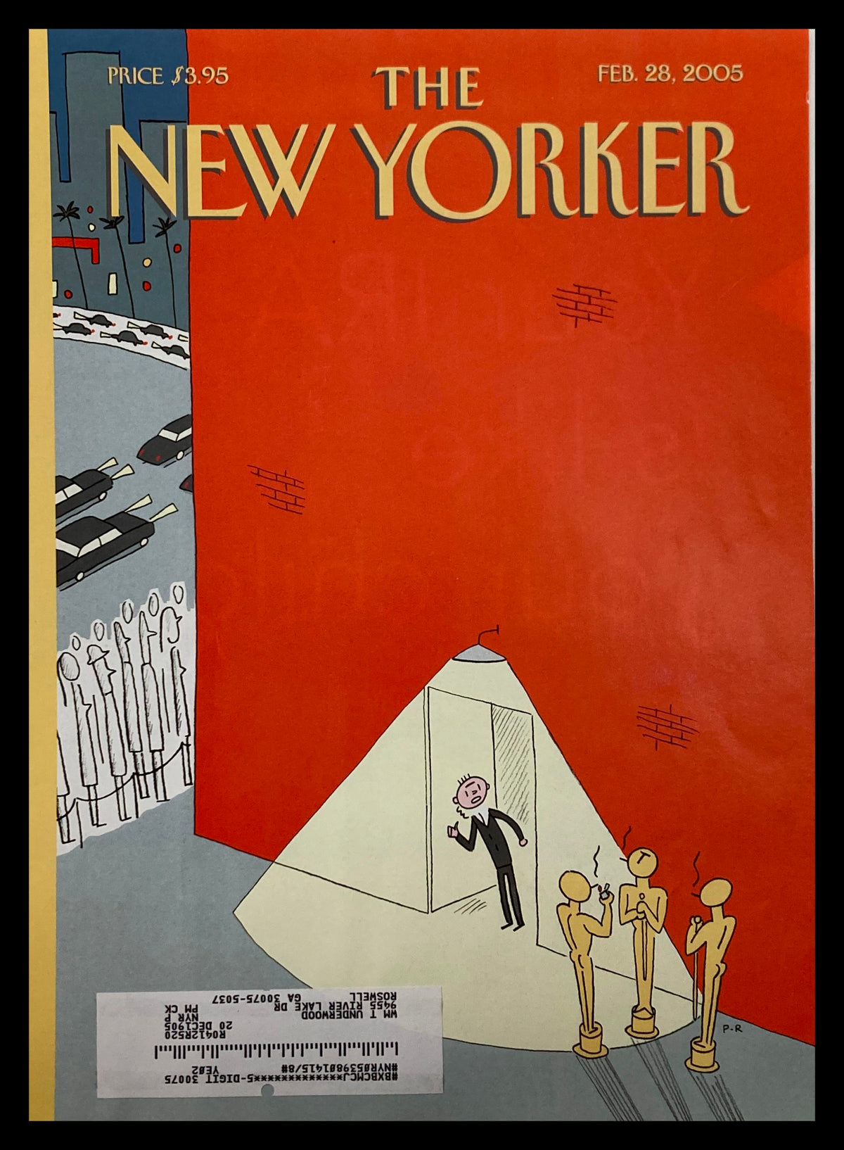 Cover of The New Yorker dated February 28, 2005 titled 'Backstage at Oscars' by Philippe Roul, featuring colorful illustration of a figure among Oscar statuettes against a vibrant red background.