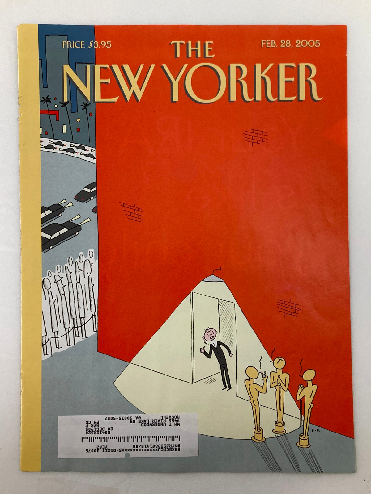 Cover of The New Yorker dated February 28, 2005 titled 'Backstage at Oscars' by Philippe Roul, showcasing a whimsical illustration with an Oscars theme, highlighting a character and Oscar statuettes with a striking red backdrop.