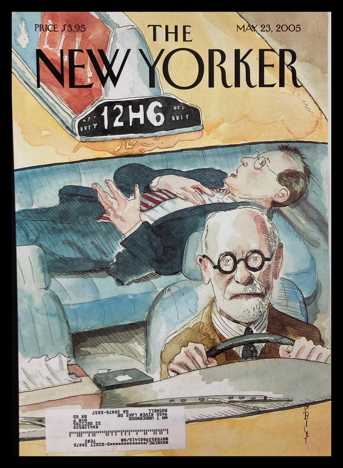 Cover of The New Yorker dated May 23, 2005, titled 'The Meter is Running,' illustrated by Barry Blitt, featuring a driver and a man reclining in a car.