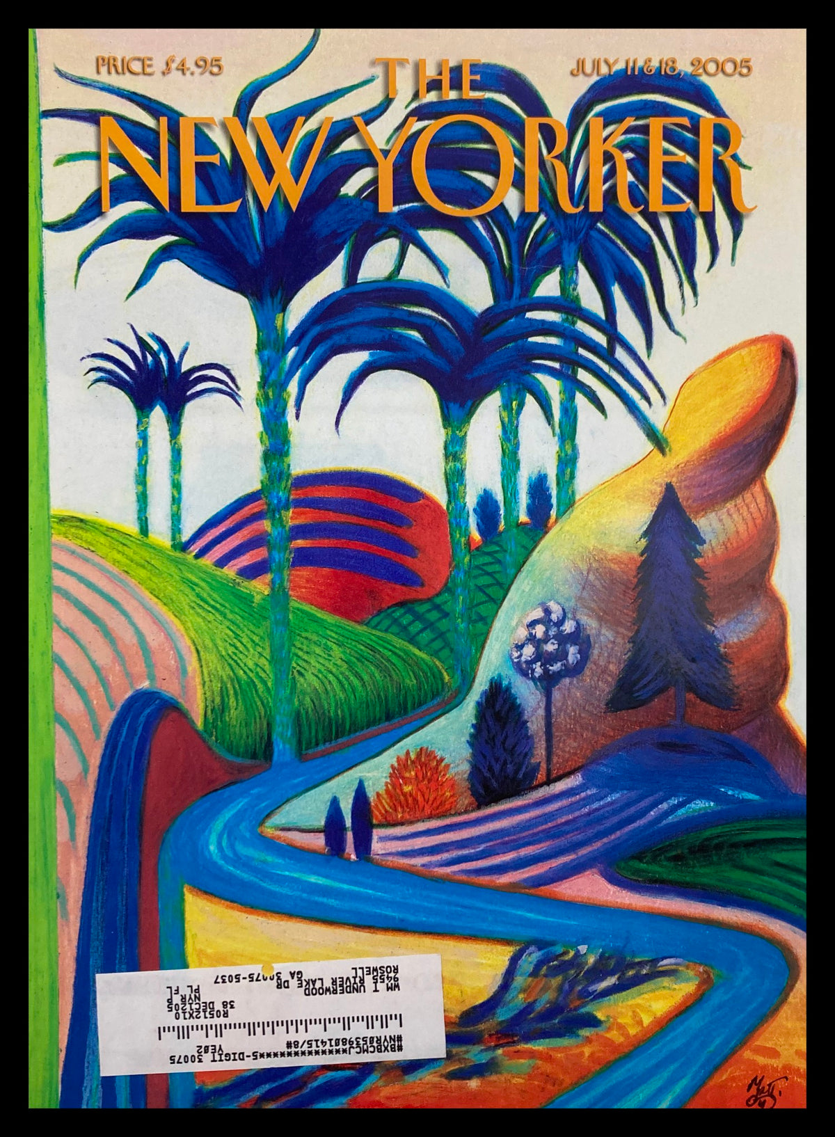 Cover art for The New Yorker, July 11, 2005, titled 'Rainbow Island' by Lorenzo Mattotti, featuring vibrant colors and abstract landscapes with palm trees and rolling hills.