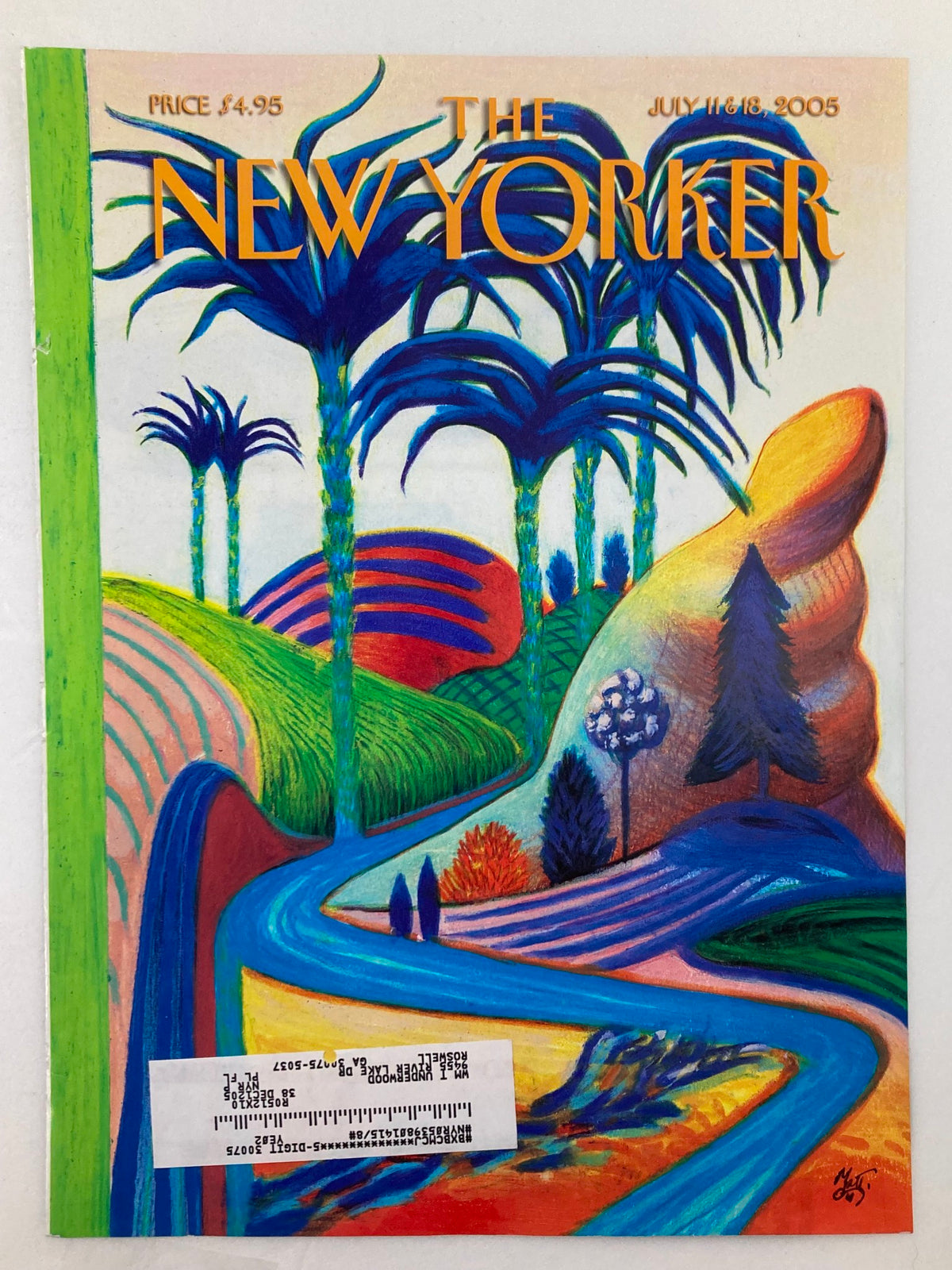 The New Yorker cover from July 11, 2005, illustrated by Lorenzo Mattotti, showcasing a colorful depiction of Rainbow Island with blue winding roads, lush greenery, and unique mountain formations.