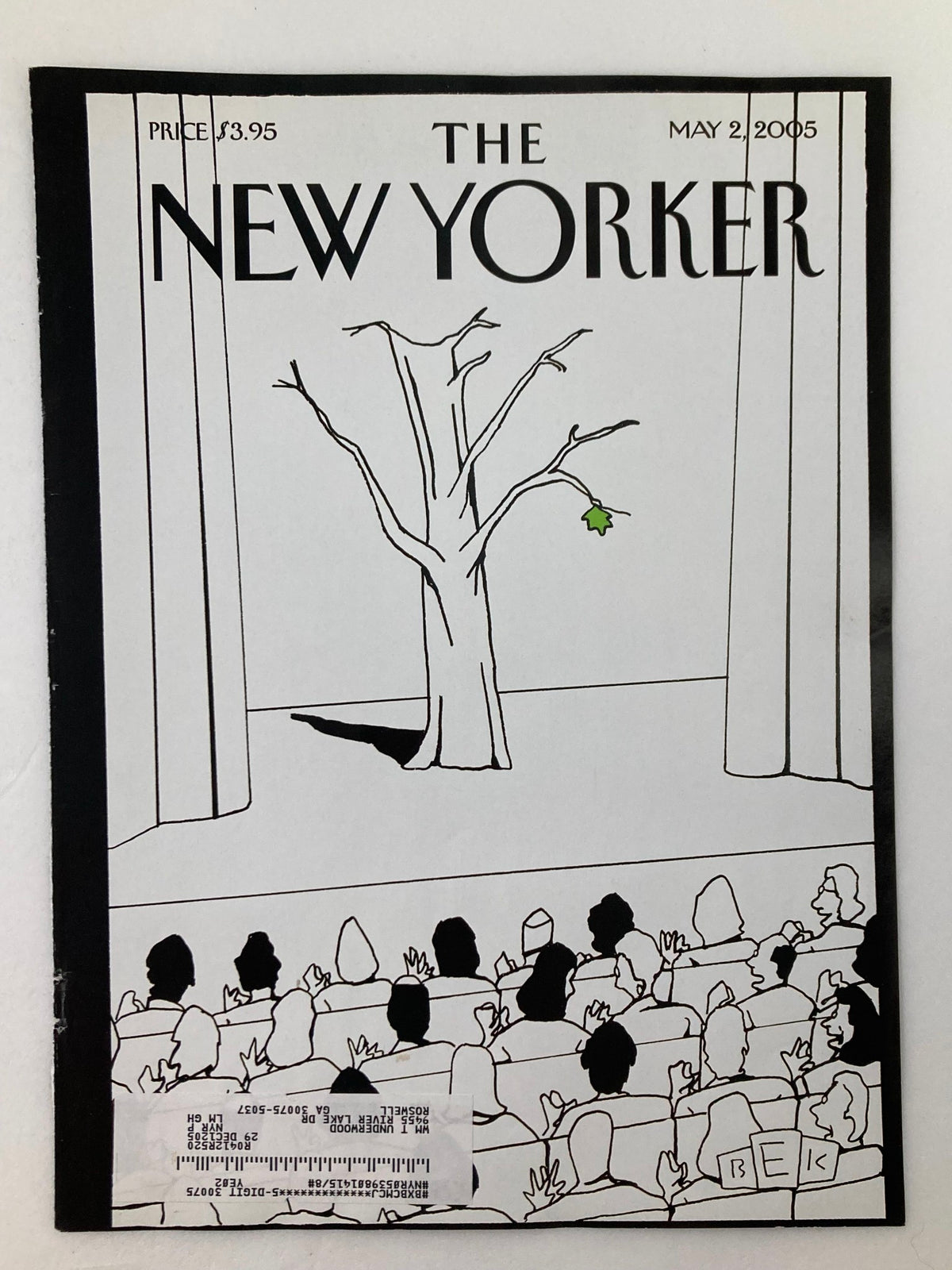 Cover of The New Yorker dated May 2, 2005, titled 'Bravo, Spring' by Bruce Eric Kaplan, featuring a stylized illustration of a tree and an audience, symbolizing the essence of spring.