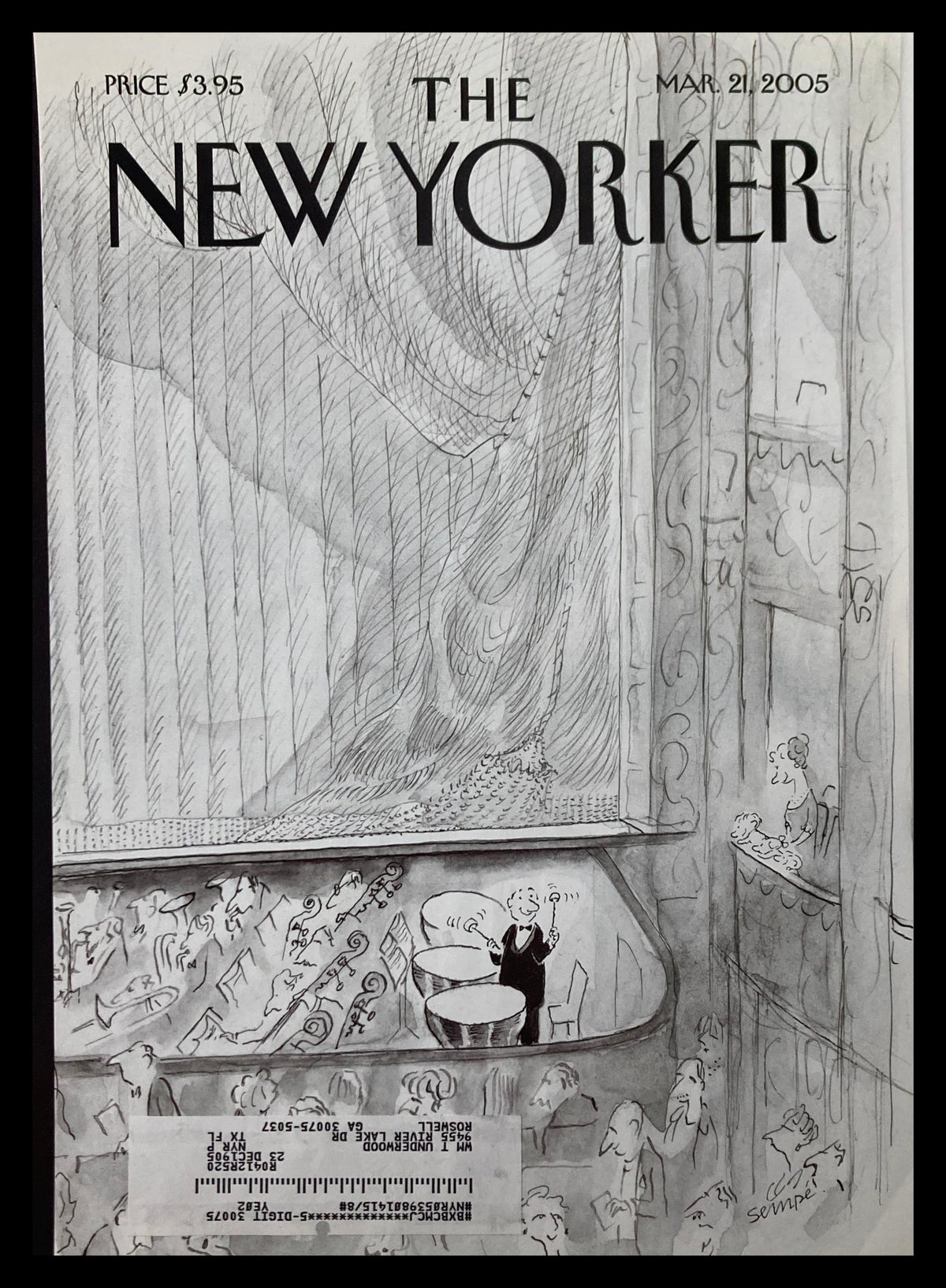 Cover only print of The New Yorker March 21 2005 featuring artistic illustration "Bursting with Pride" by Jean-Jacques Sempé, depicting a theatrical scene with a pianist and an audience.
