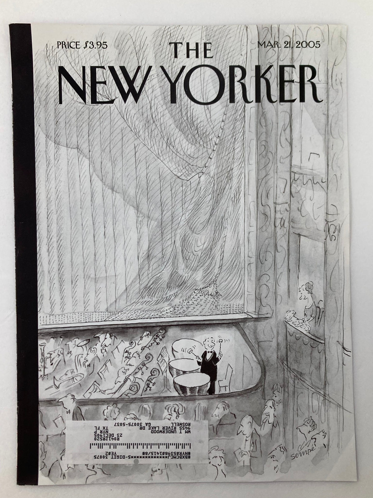 The New Yorker cover March 21 2005 showcasing the artwork "Bursting with Pride" by Jean-Jacques Sempé, illustrating a whimsical performance in a theater setting.