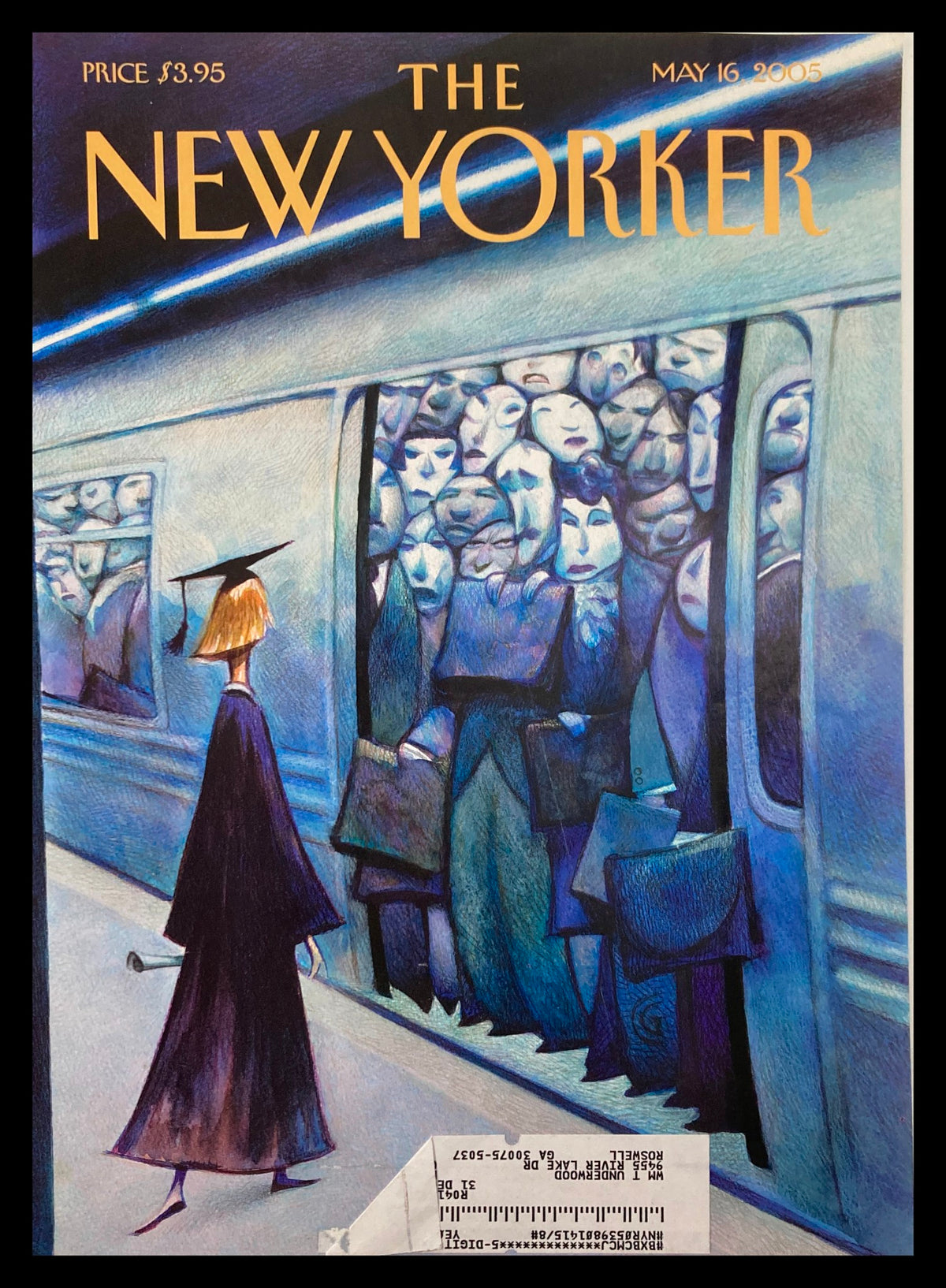 COVER ONLY The New Yorker May 16 2005 On Her Way by Carter Goodrich, featuring a colorful illustration of a figure in a graduation cap standing near a crowded subway door, embodying the magazine's signature art style.